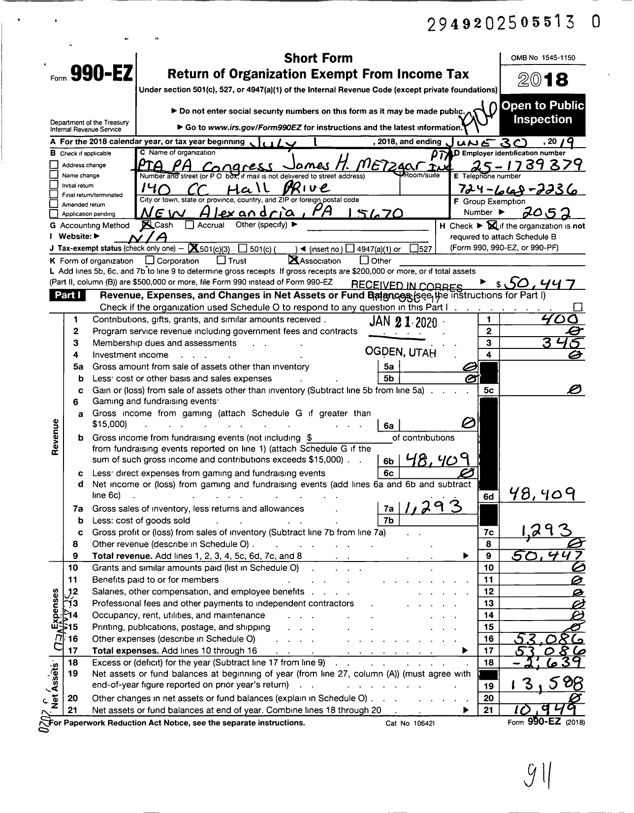 Image of first page of 2018 Form 990EZ for PTA Pennsylvania Congress / James H Metzgar PTA Inc