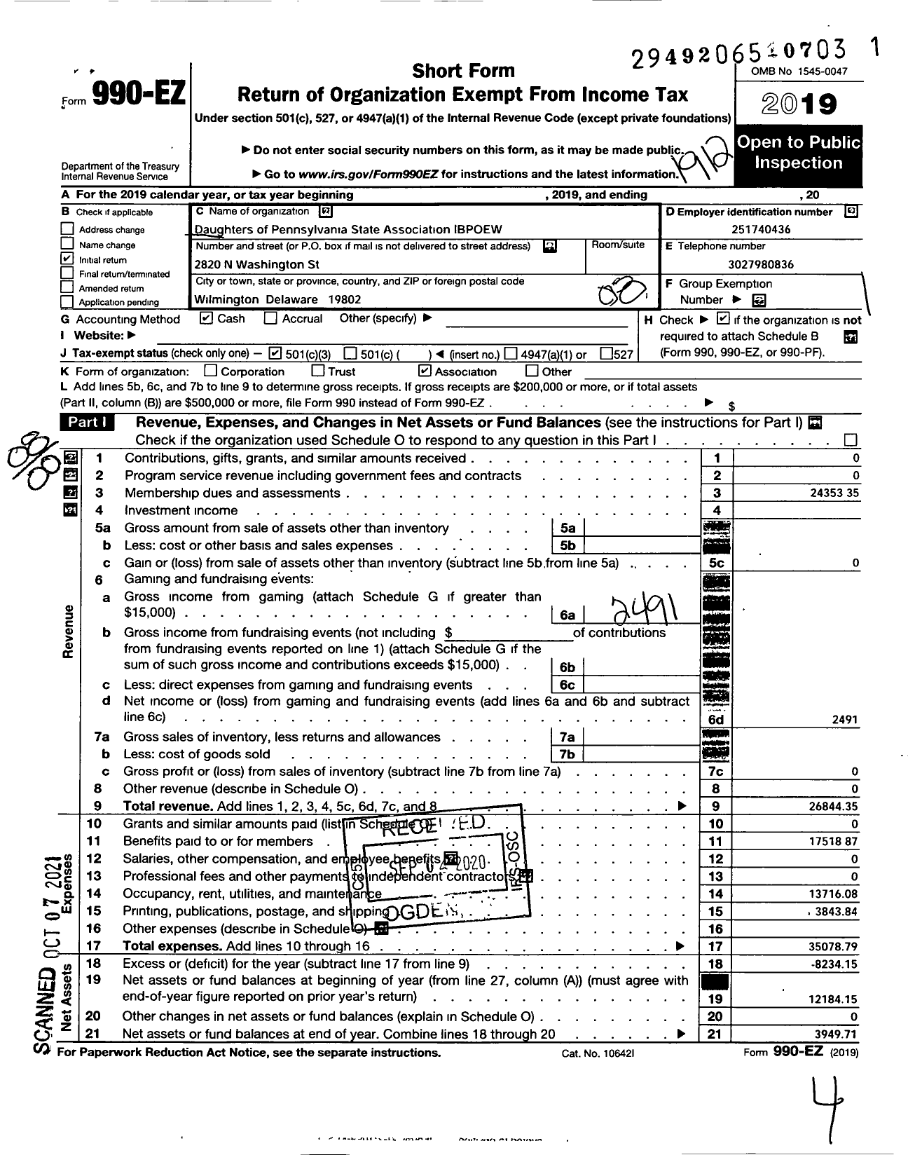 Image of first page of 2019 Form 990EO for Improved Benevolent and Protective Order of Elks of the World - Daughters of Pa State Assoc