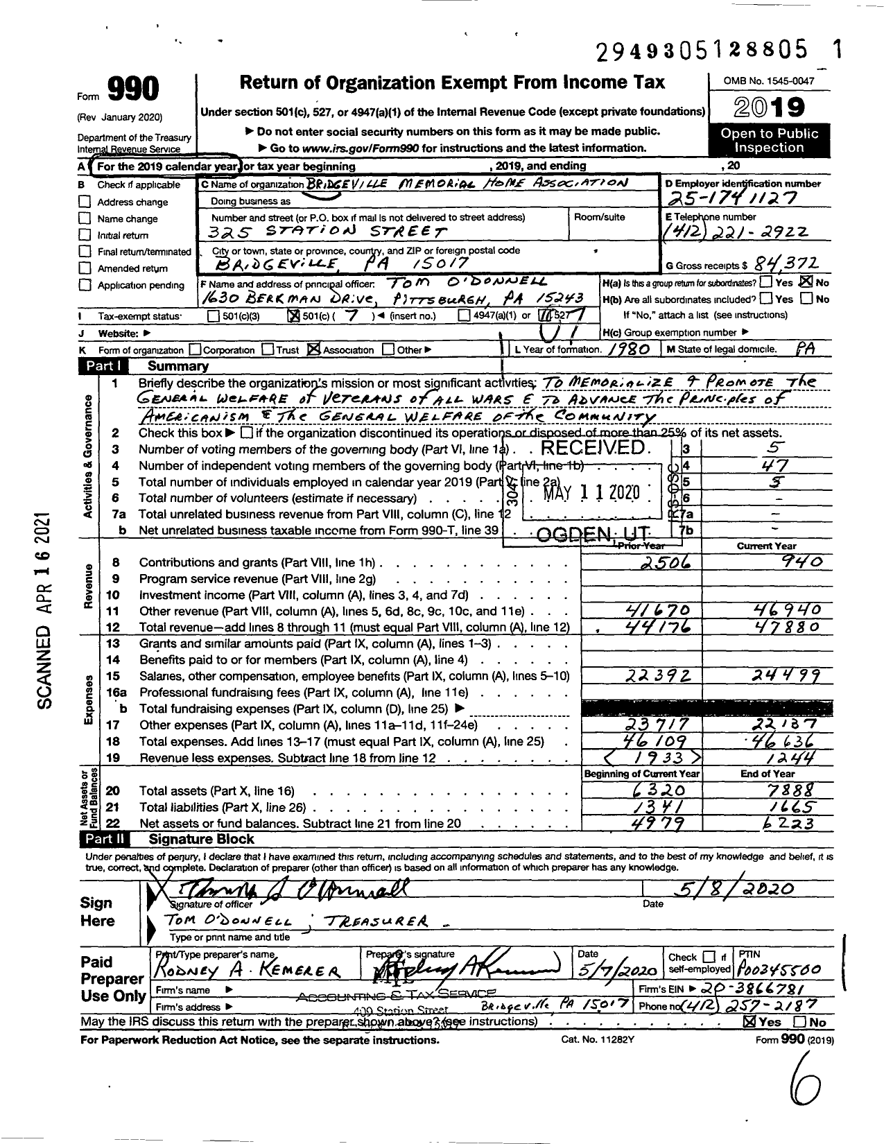 Image of first page of 2019 Form 990O for Bridgeville Memorial Home Association