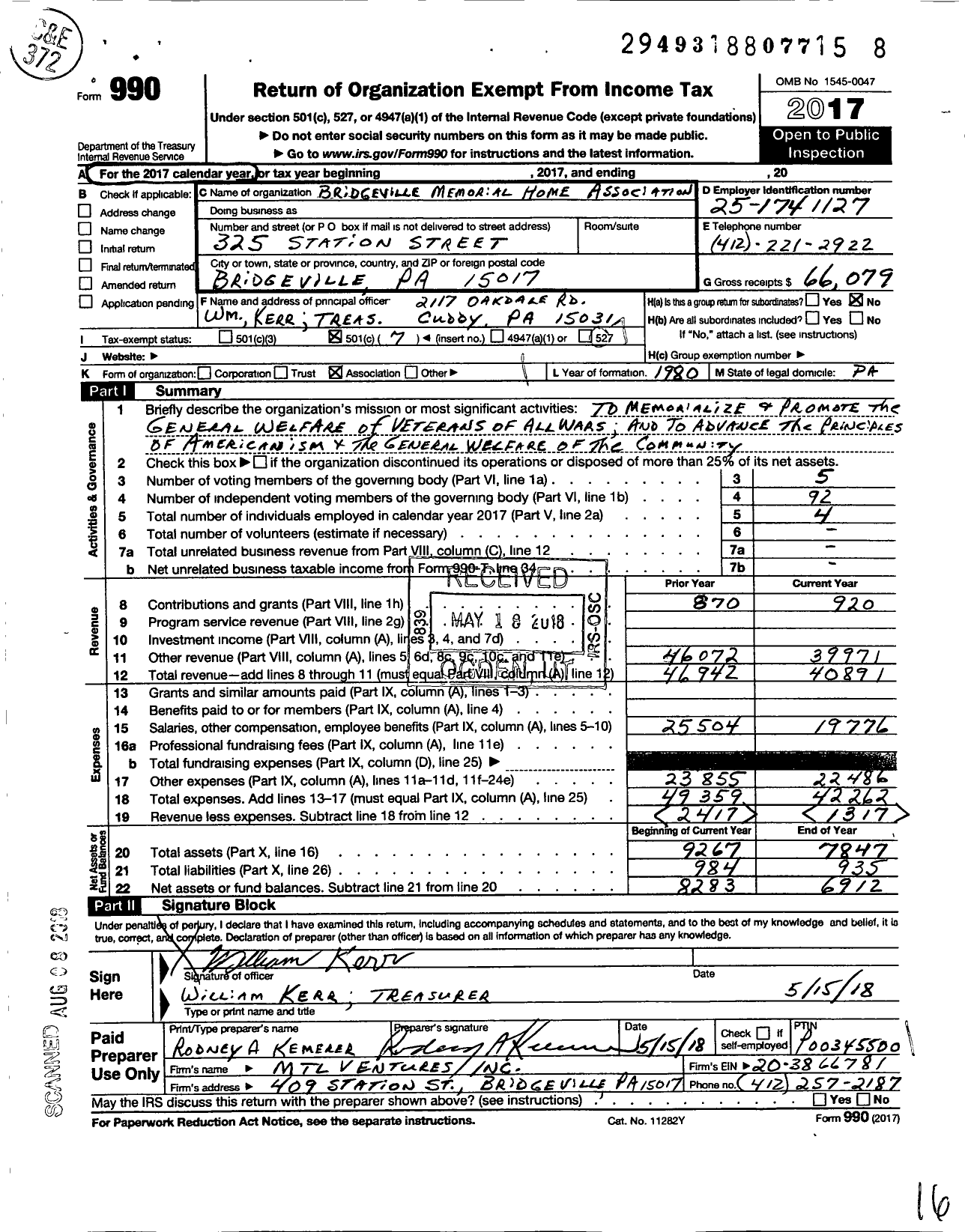 Image of first page of 2017 Form 990O for Bridgeville Memorial Home Association