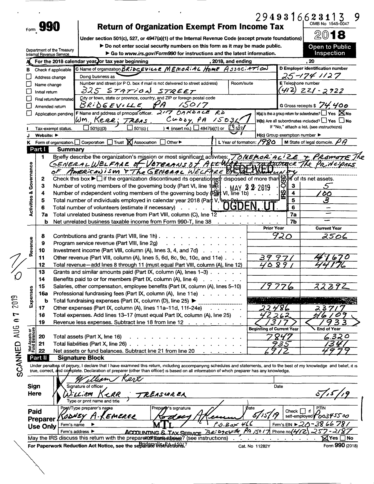 Image of first page of 2018 Form 990O for Bridgeville Memorial Home Association