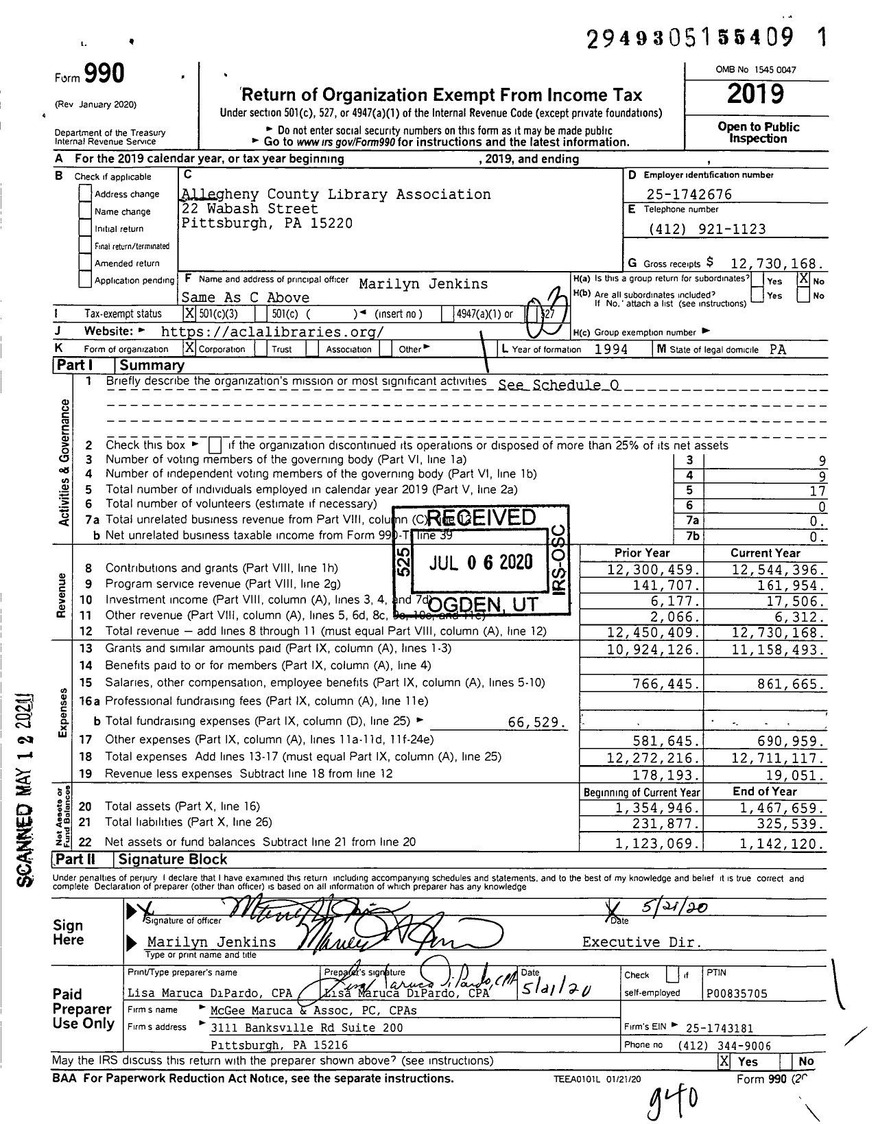Image of first page of 2019 Form 990 for Allegheny County Library Association (ACLA)