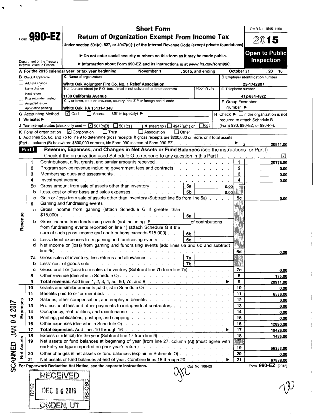 Image of first page of 2015 Form 990EZ for White Oak Volunteer Fire No 1 Relief Association