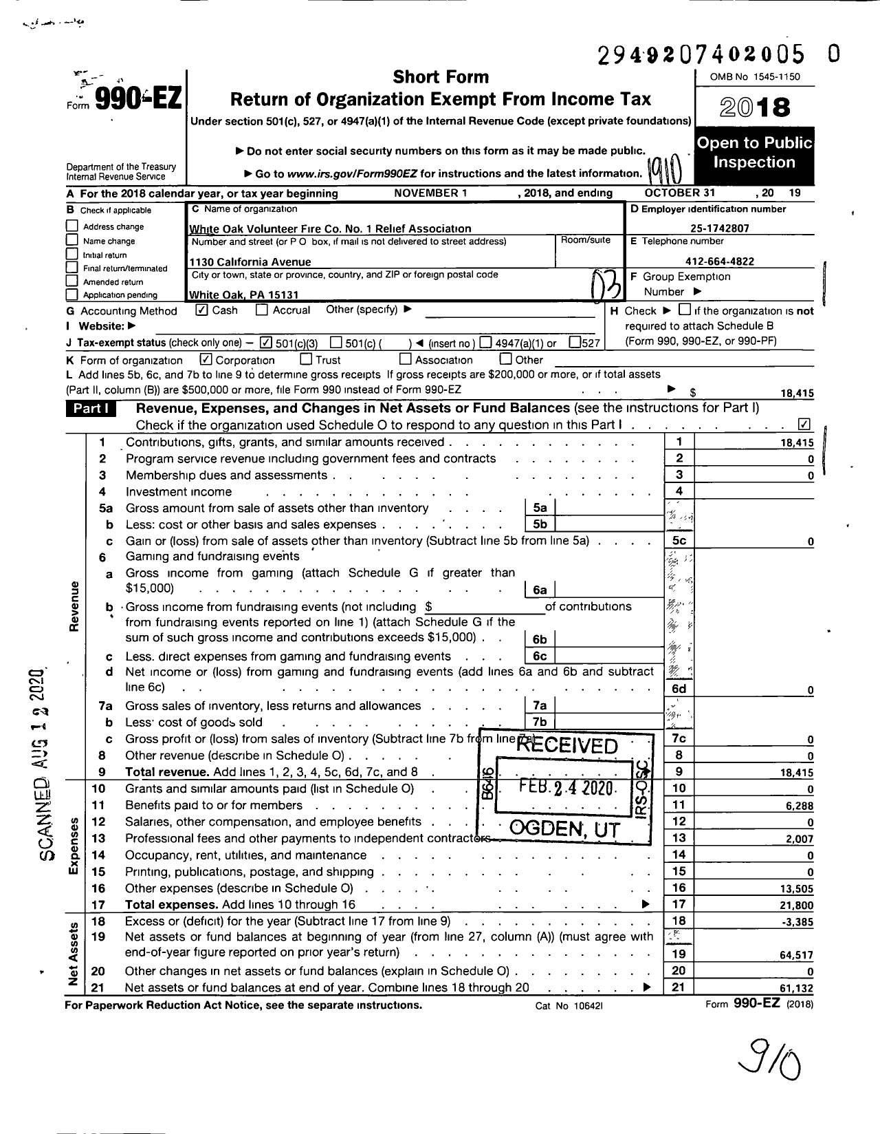 Image of first page of 2018 Form 990EZ for White Oak Volunteer Fire No 1 Relief Association