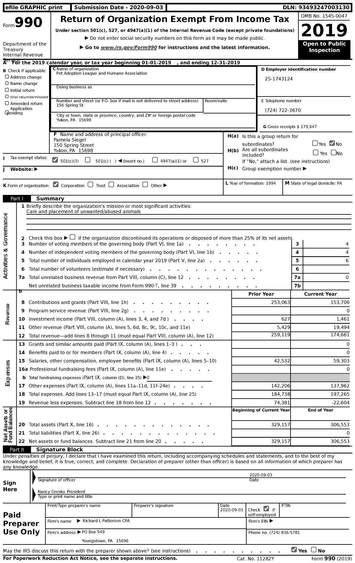 Image of first page of 2019 Form 990 for Pet Adoption League and Humane Association