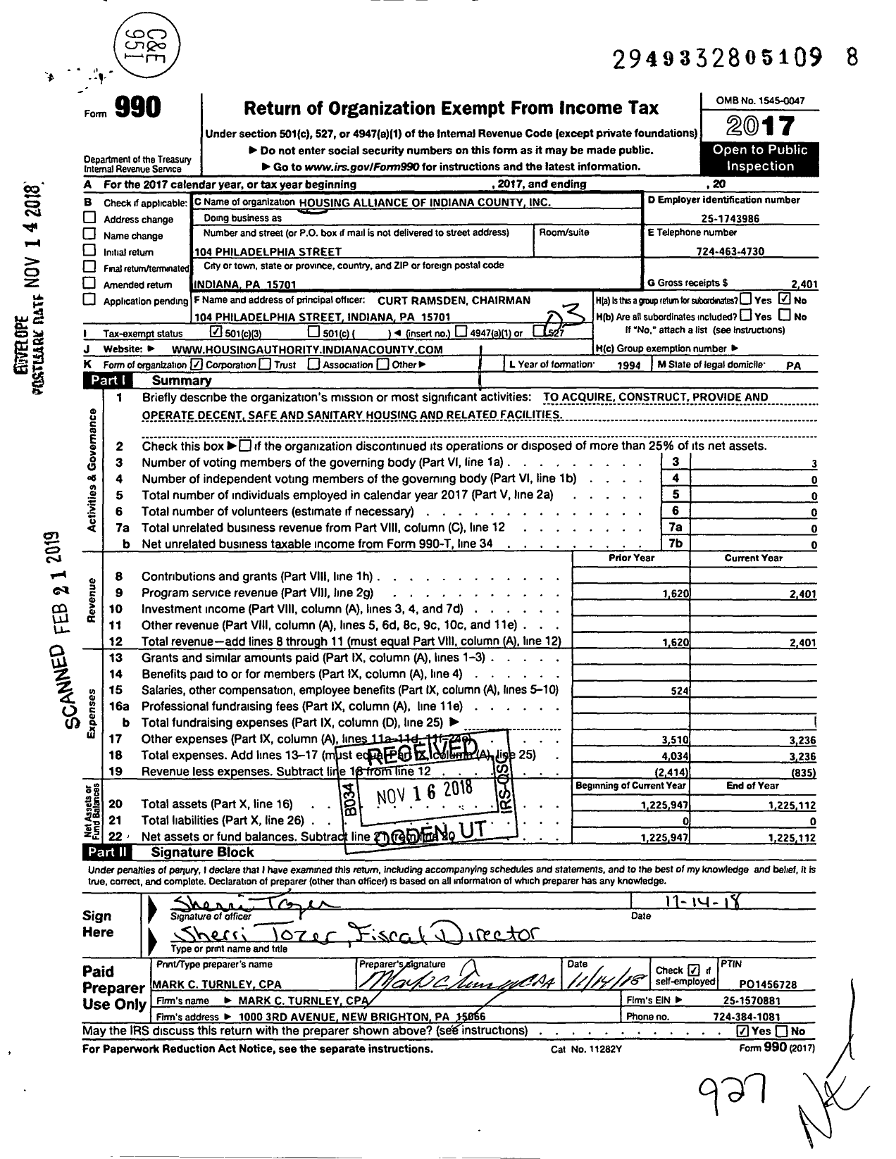 Image of first page of 2017 Form 990 for Housing Alliance of Indiana County