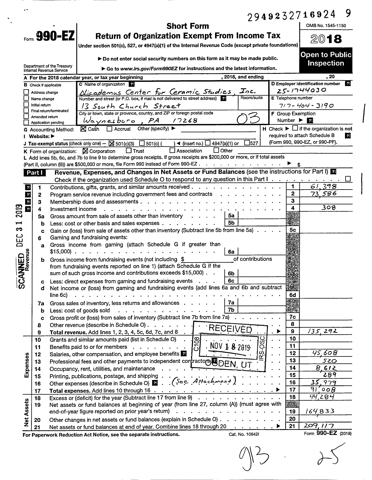 Image of first page of 2018 Form 990EZ for Nicodemus Center for Ceramic Studies