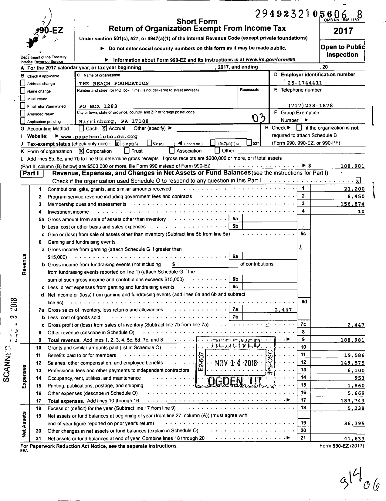 Image of first page of 2017 Form 990EZ for The Reach Foundation