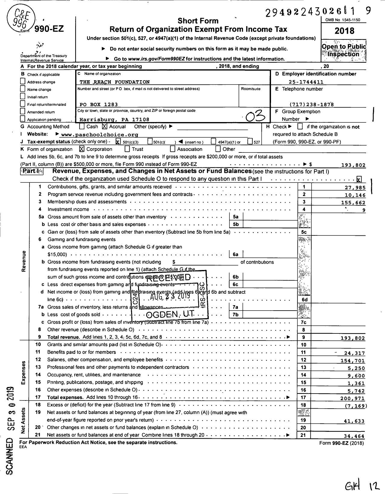 Image of first page of 2018 Form 990EZ for The Reach Foundation