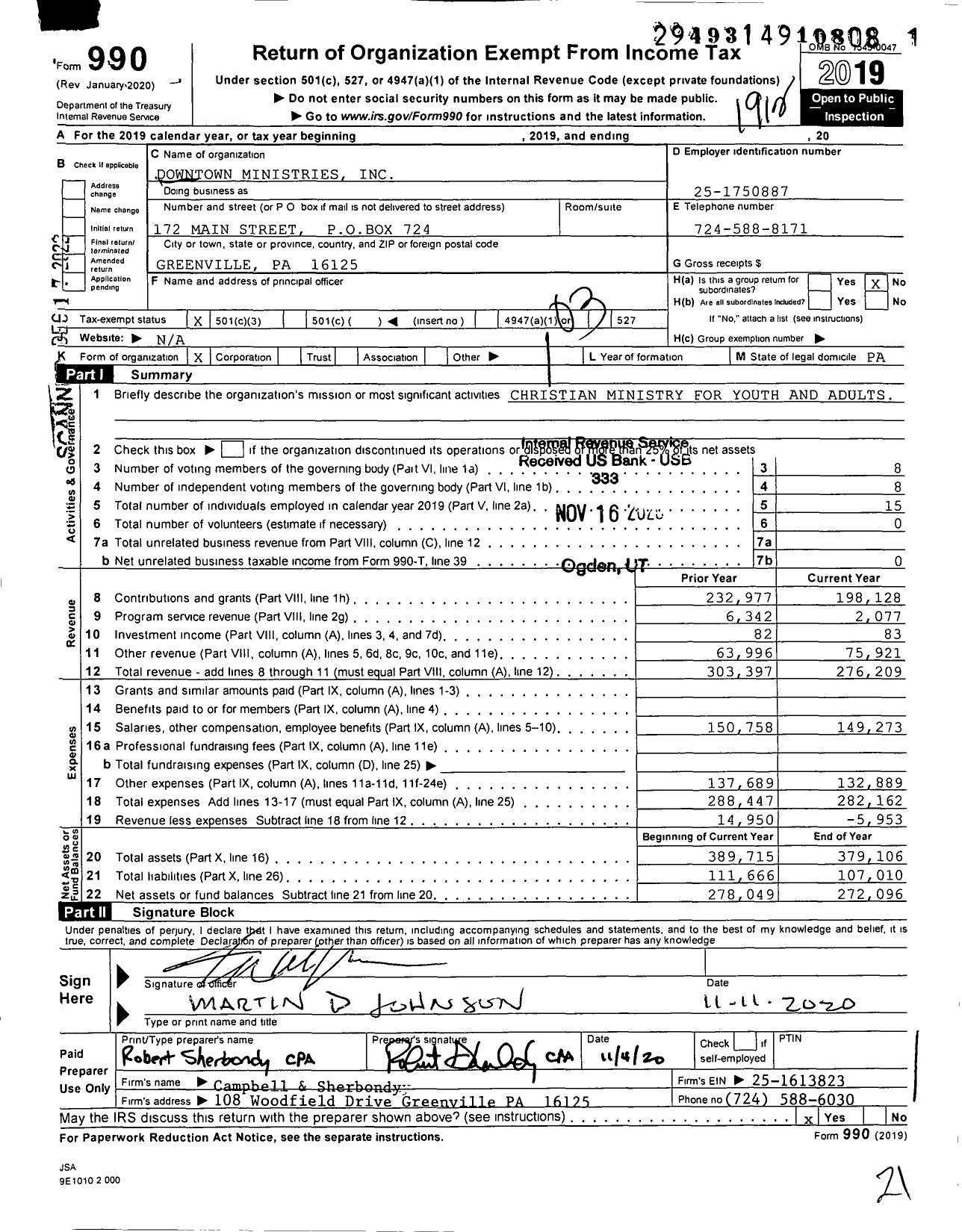 Image of first page of 2019 Form 990 for Downtown Ministries