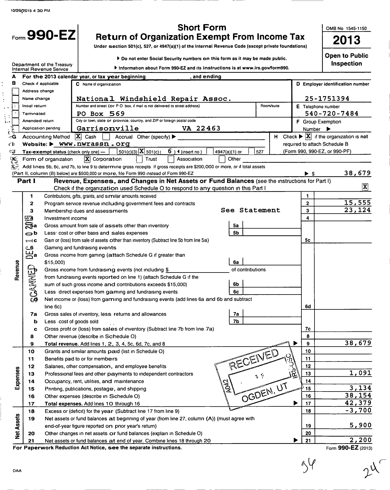 Image of first page of 2013 Form 990EO for National Windshield Repair Assoc