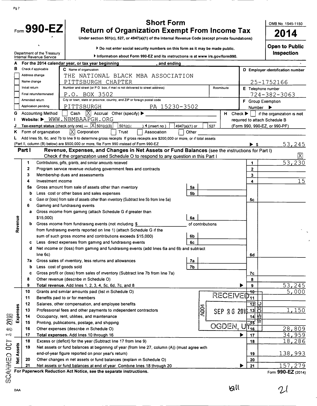 Image of first page of 2014 Form 990EZ for National Black MBA Association Pittsburgh Chapter