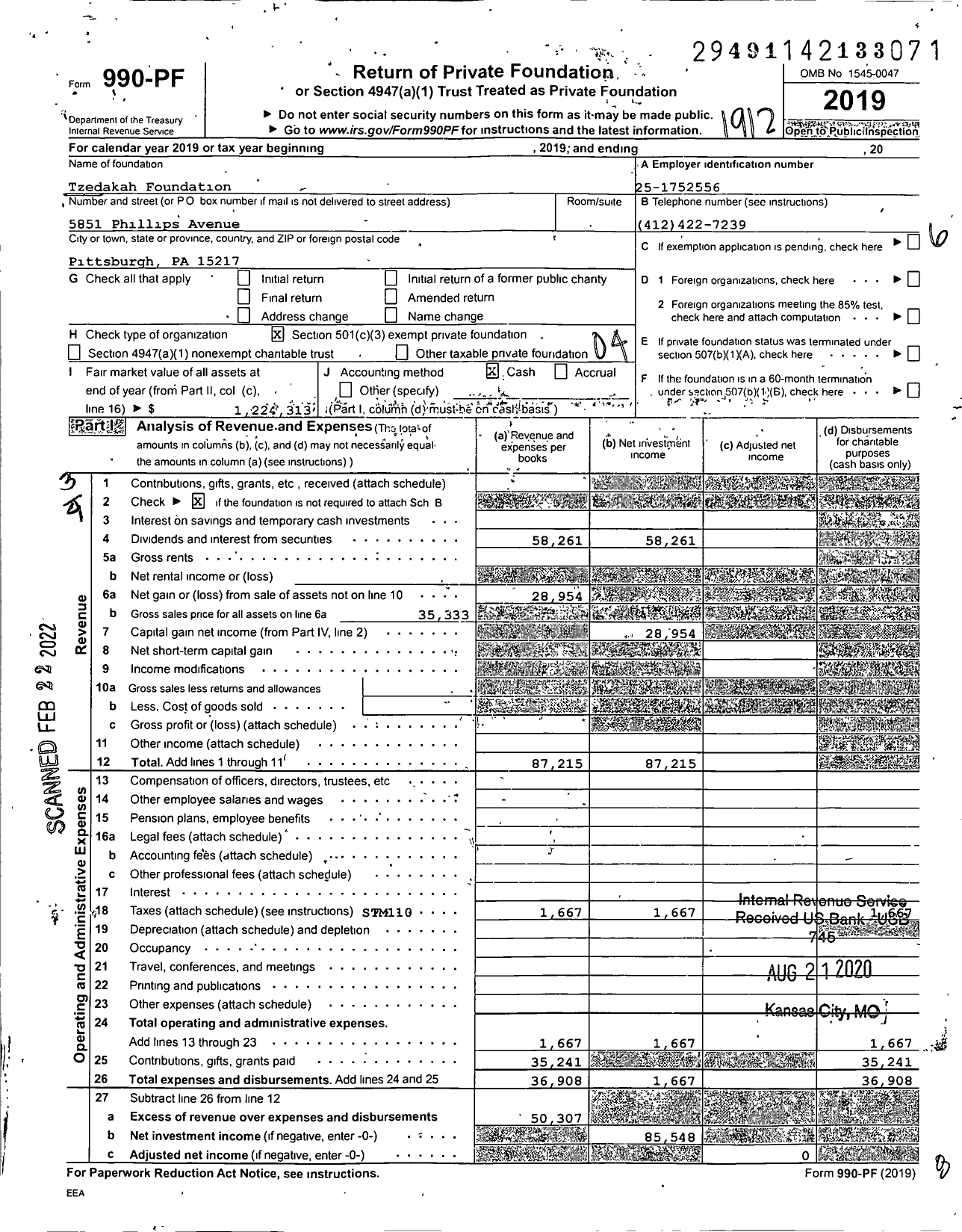 Image of first page of 2019 Form 990PF for Tzedakah Foundation / Samson Philip J Ttee