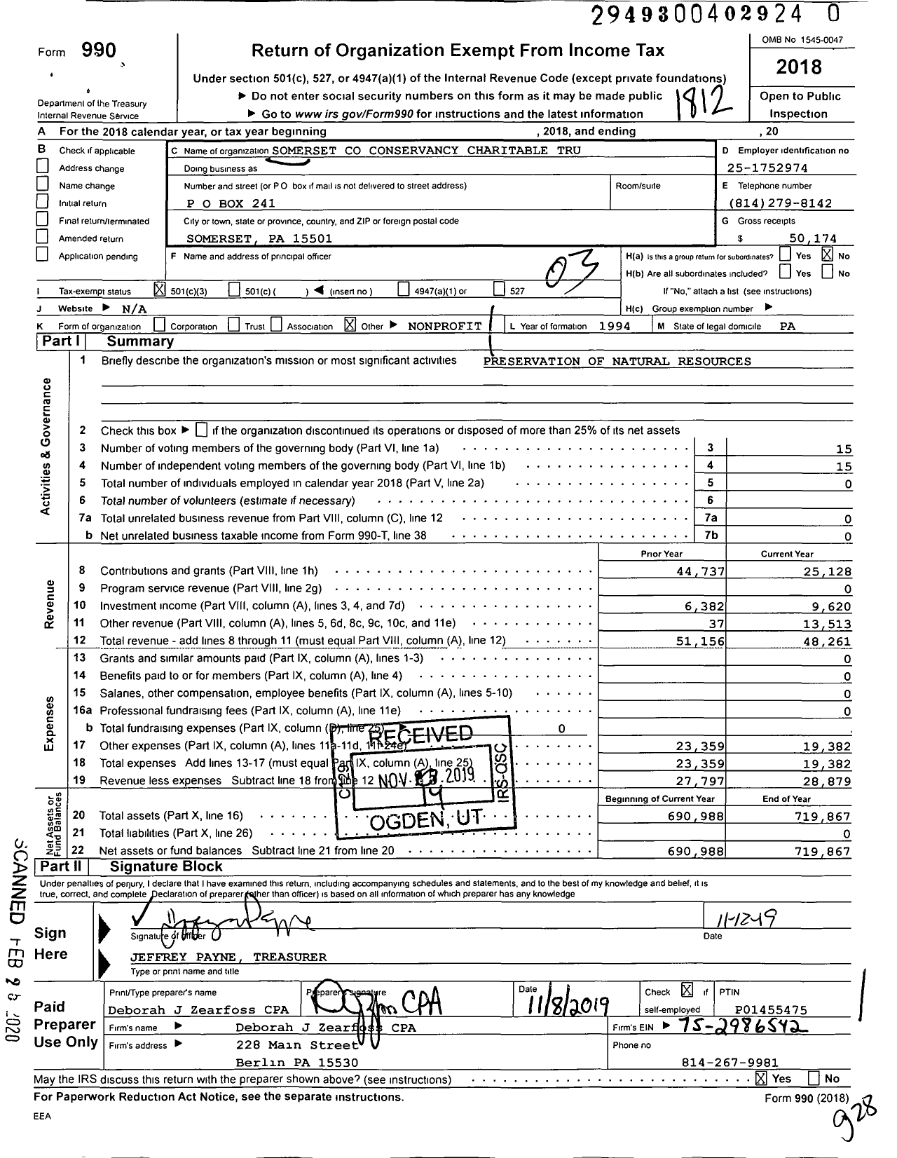 Image of first page of 2018 Form 990 for Somerset Conservancy Charitable Trust