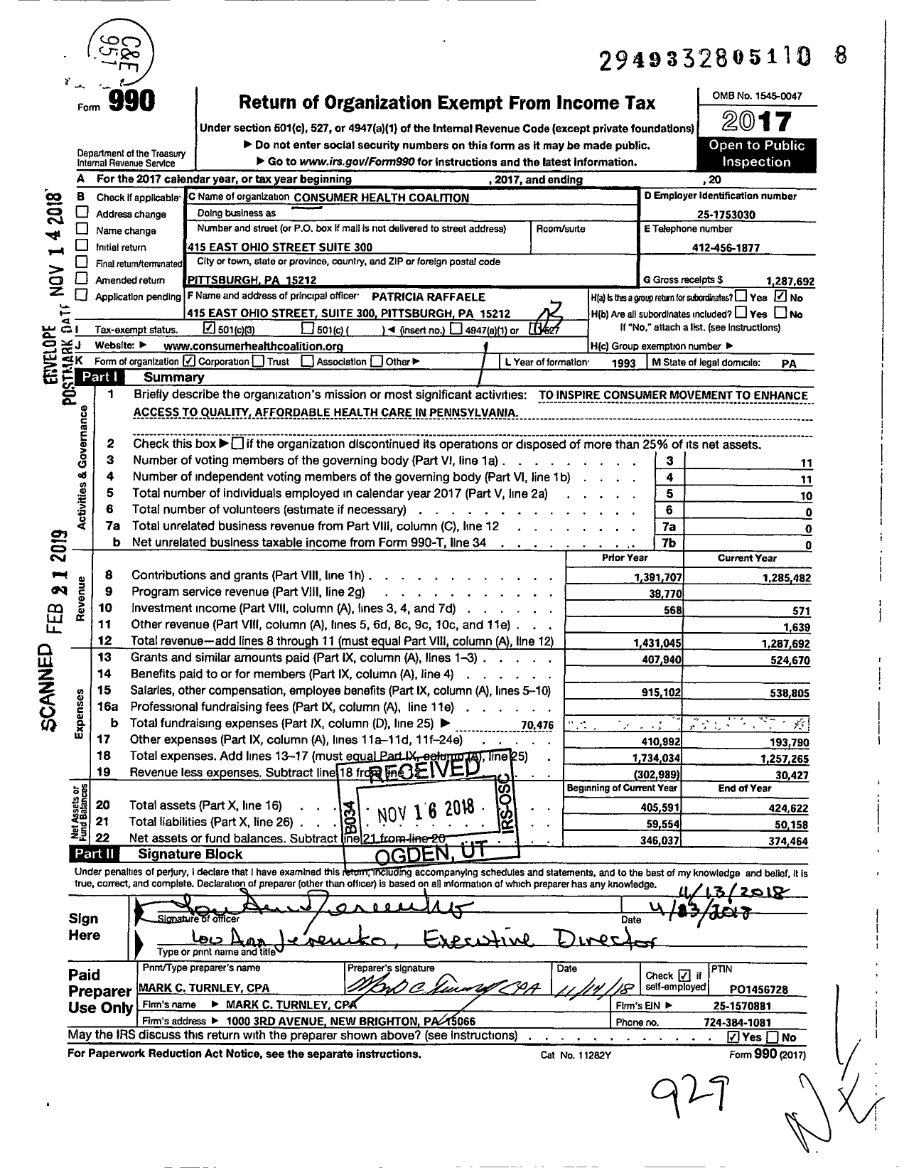 Image of first page of 2017 Form 990 for Consumer Health Coalition