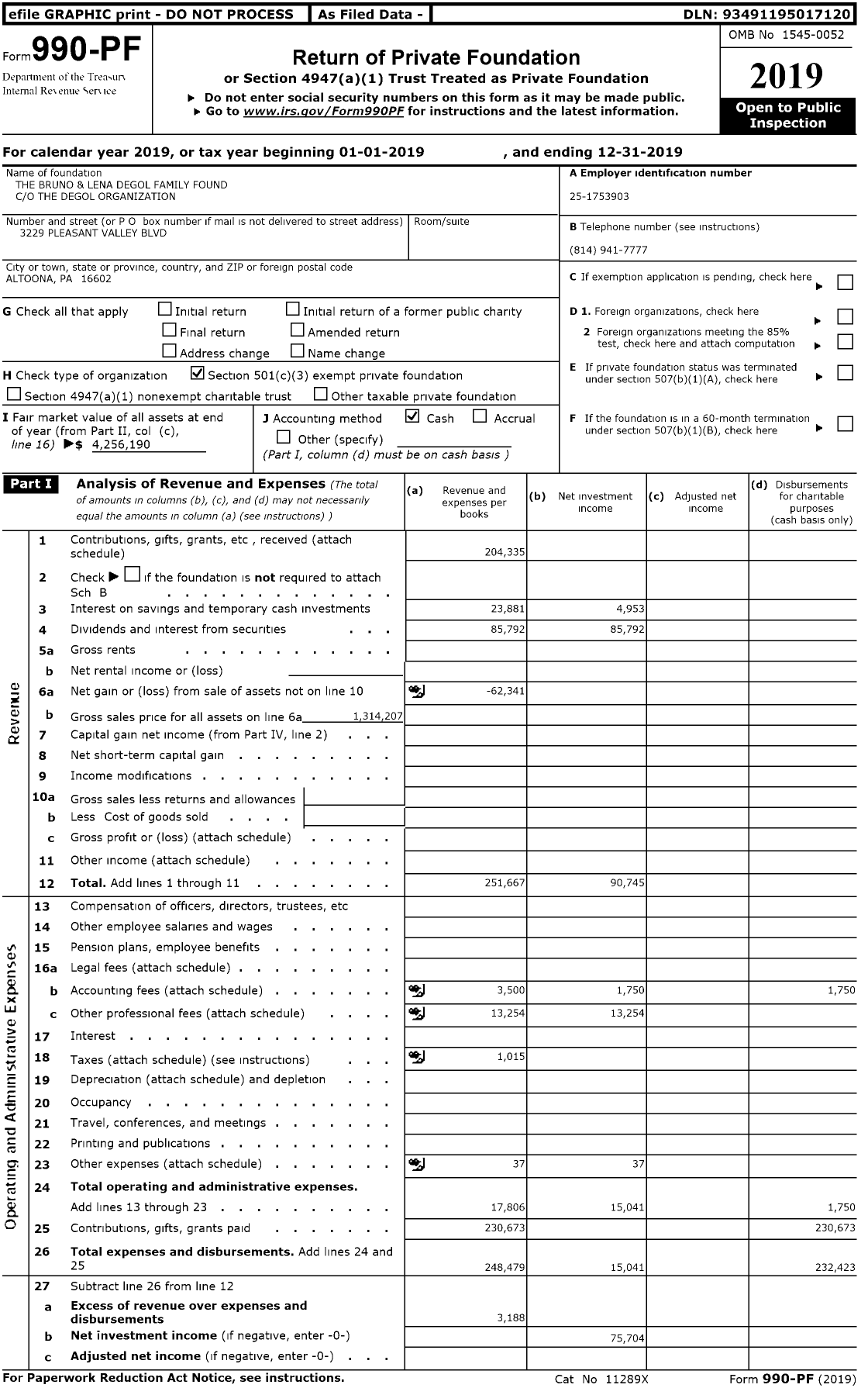 Image of first page of 2019 Form 990PR for The Bruno and Lena Degol Family Found