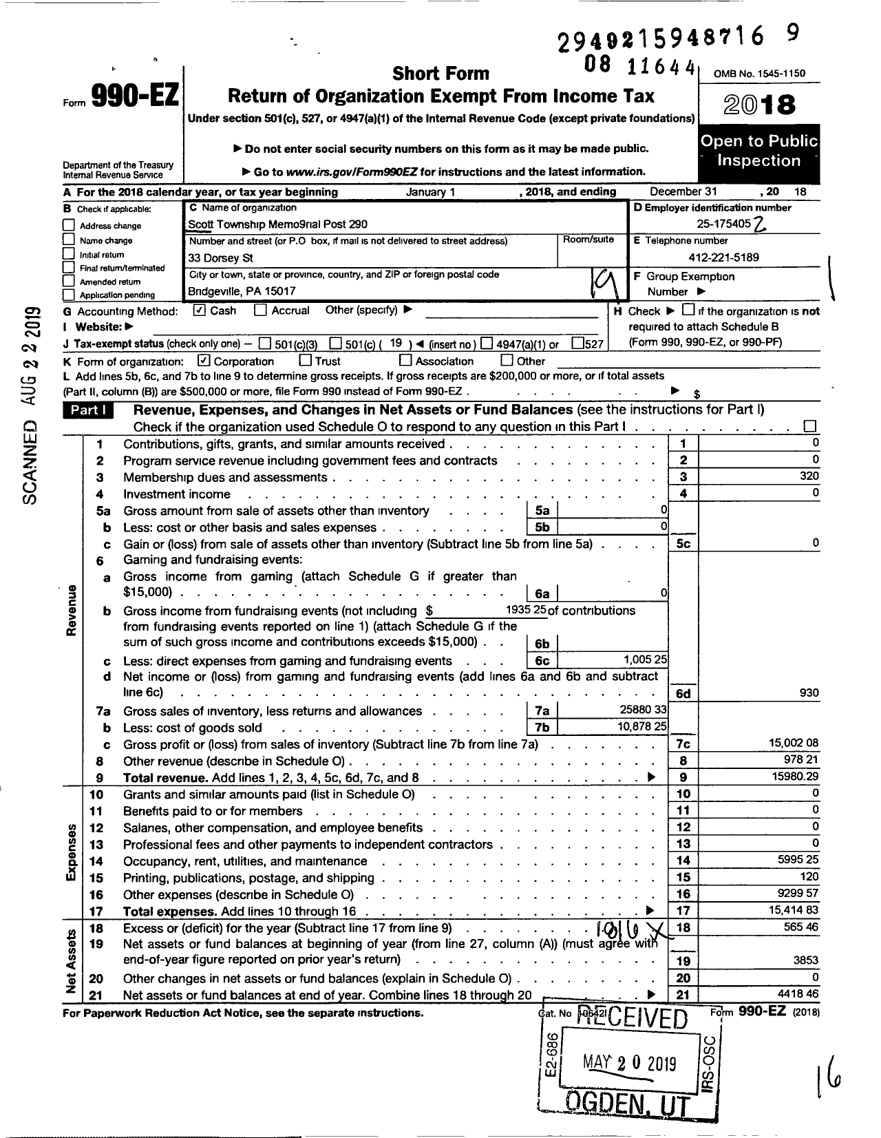 Image of first page of 2018 Form 990EO for Scott Township Memorial Post No 290