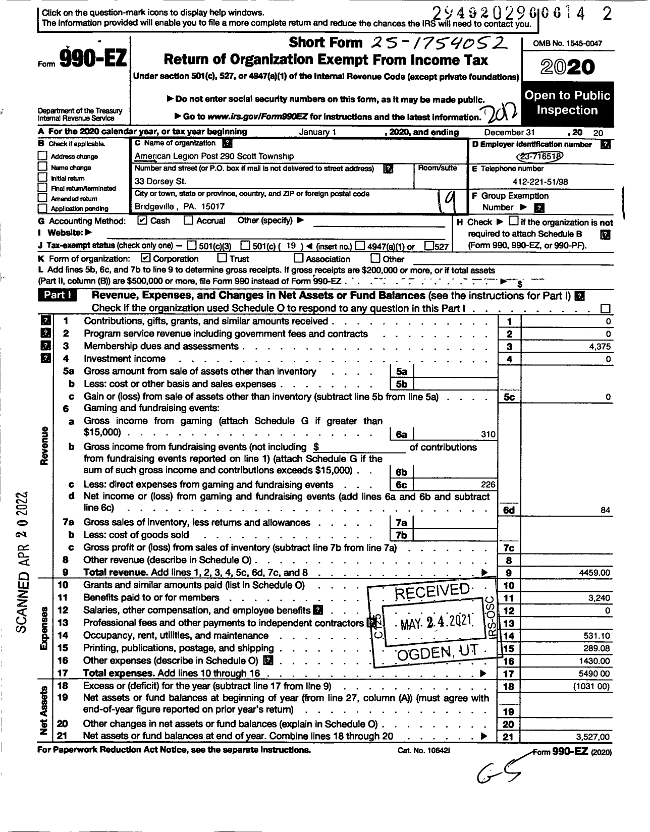 Image of first page of 2020 Form 990EO for Scott Township Memorial Post No 290