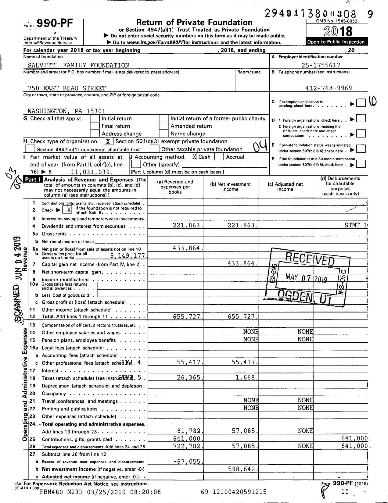 Image of first page of 2018 Form 990PF for SALVITTI FAMily Foundation Ima