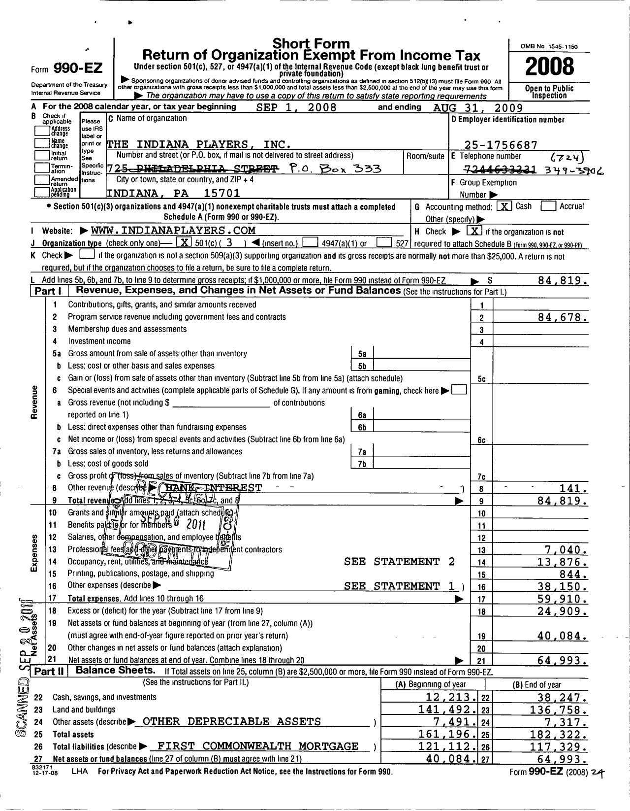 Image of first page of 2008 Form 990EZ for Indiana Players