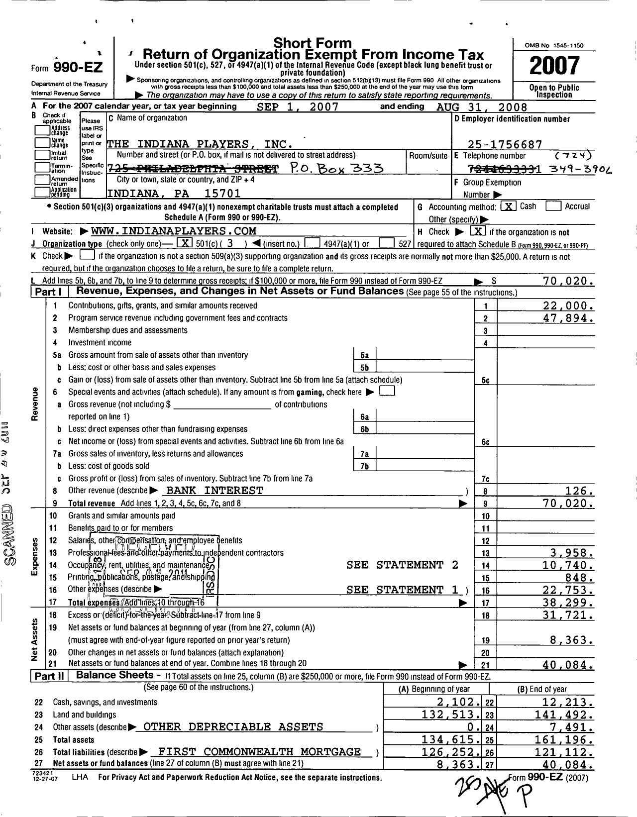 Image of first page of 2007 Form 990EZ for Indiana Players