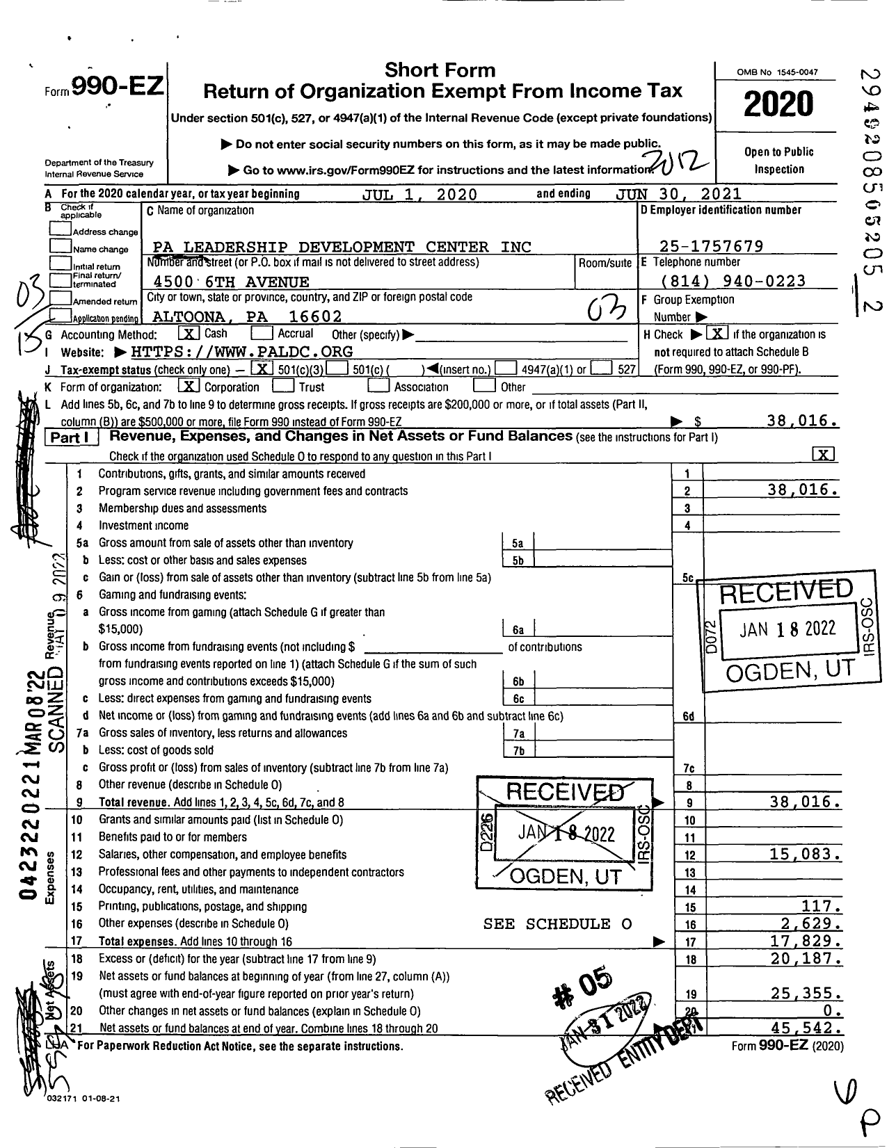 Image of first page of 2020 Form 990EZ for Pa Leadership Development Center