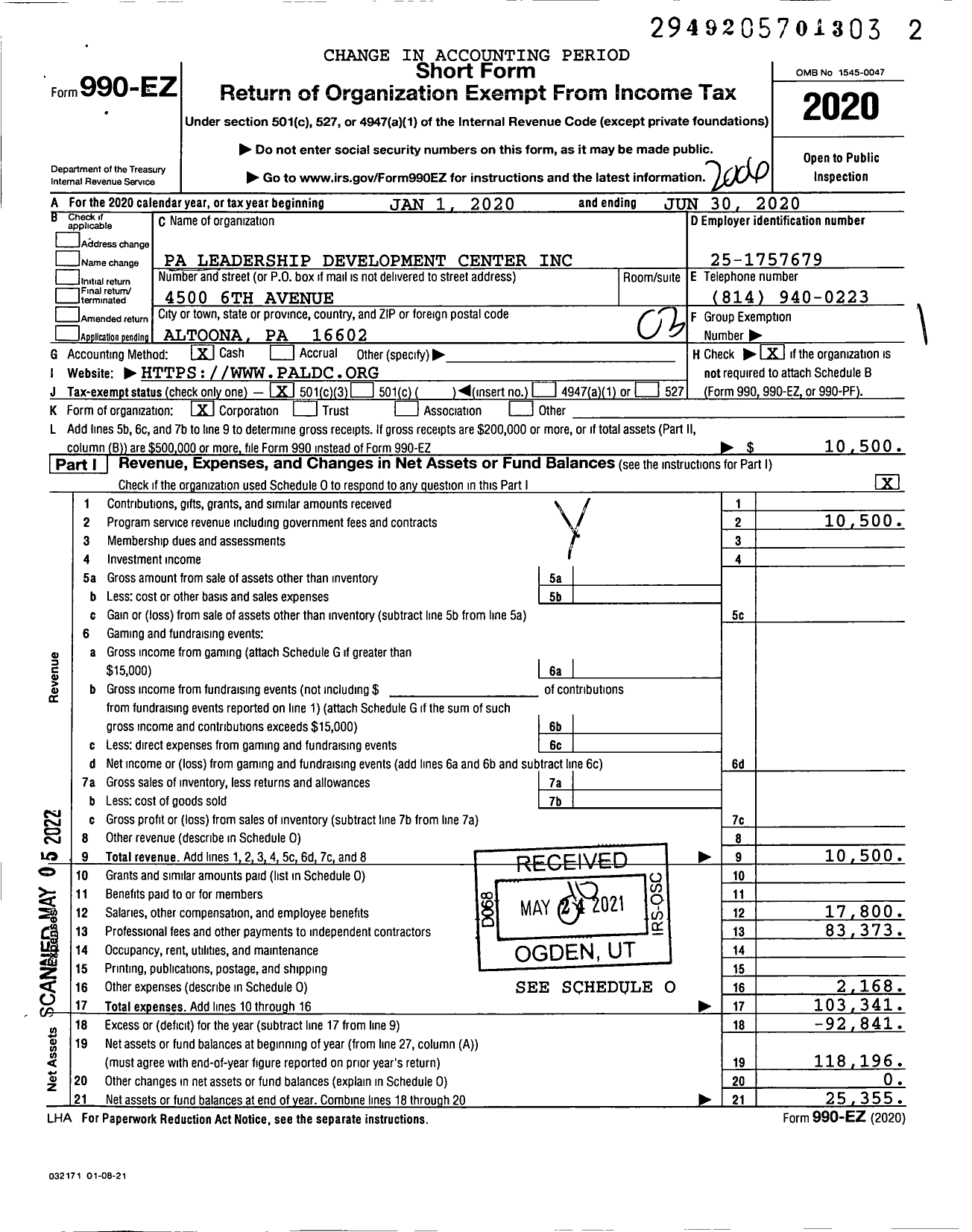 Image of first page of 2019 Form 990EZ for Pa Leadership Development Center