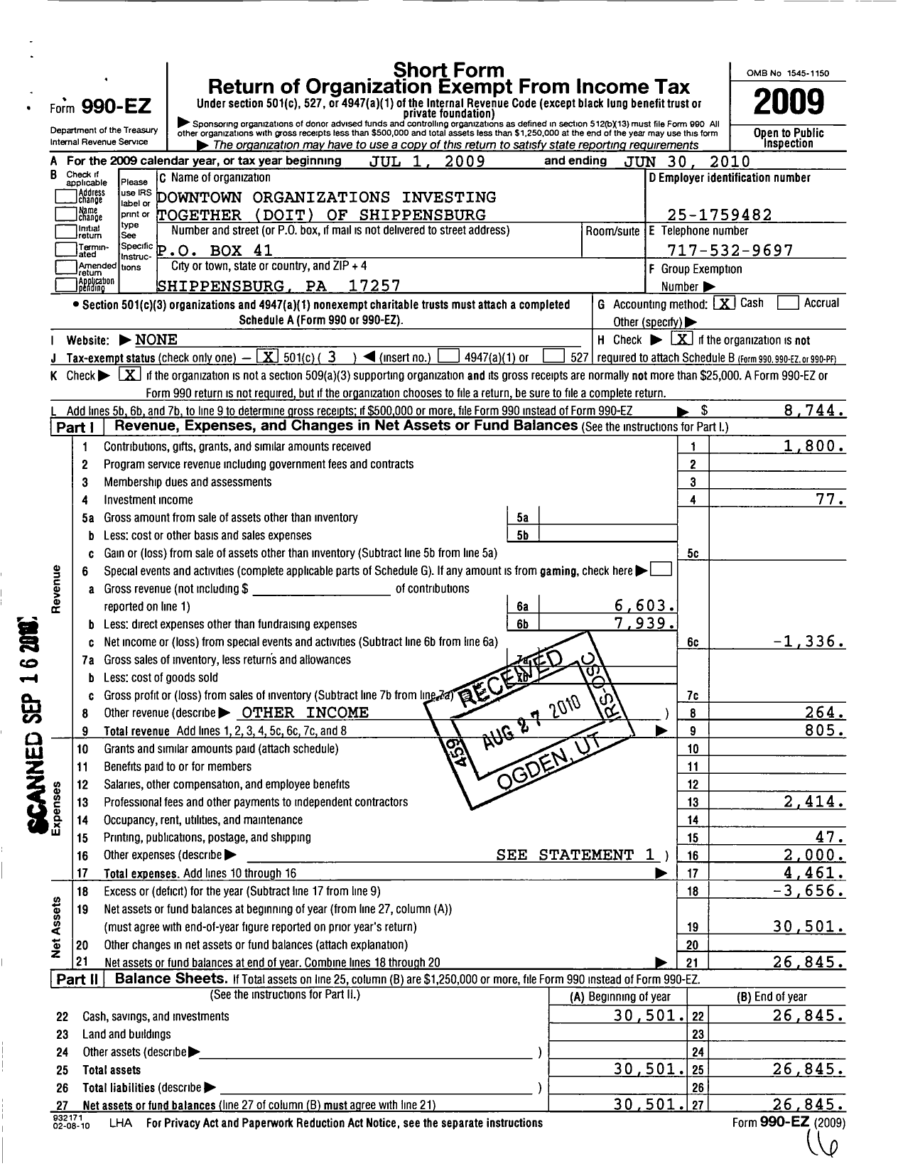 Image of first page of 2009 Form 990EZ for Downtown Organizations Investing Together Doit of Shippensburg