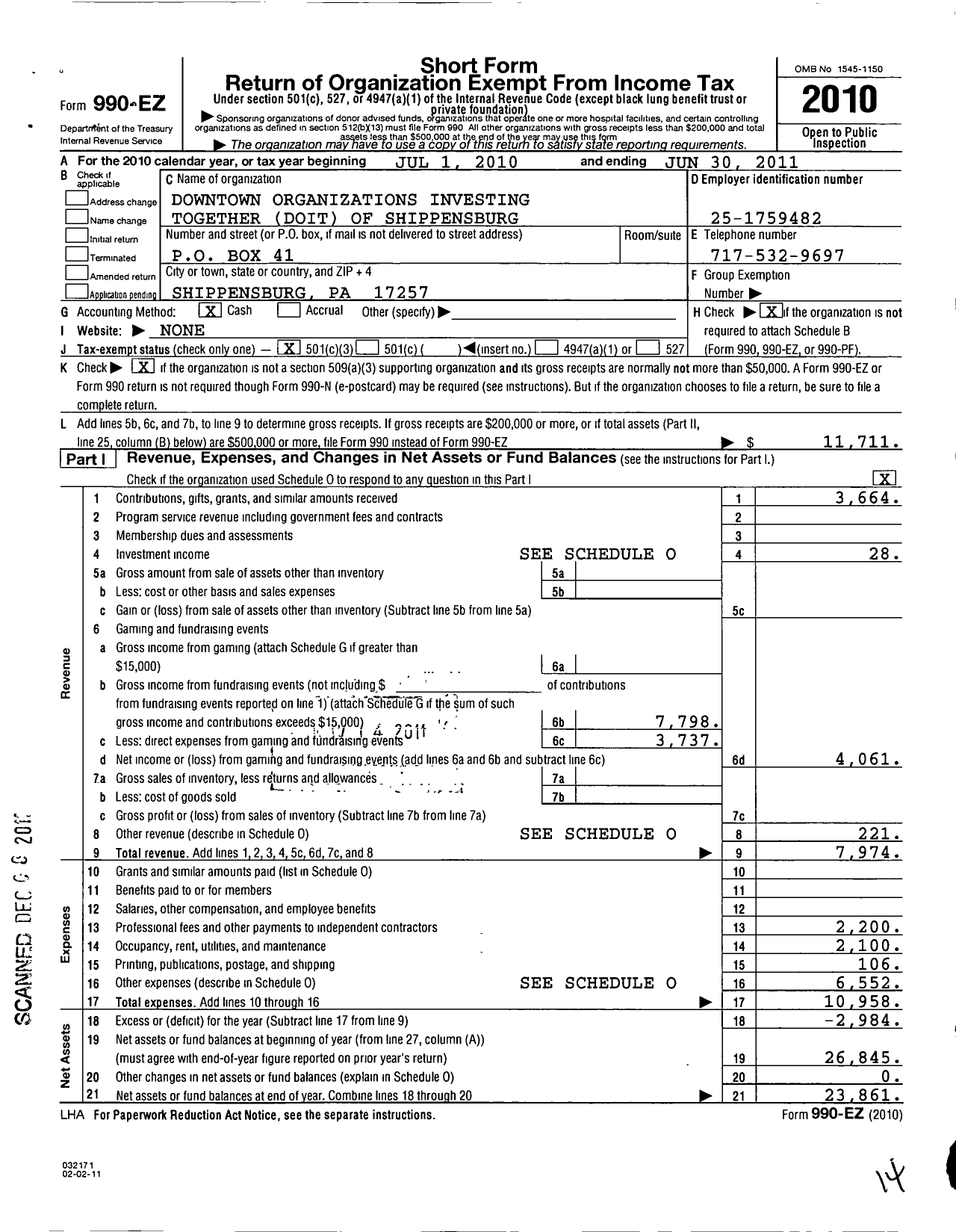 Image of first page of 2010 Form 990EZ for Downtown Organizations Investing Together Doit of Shippensburg