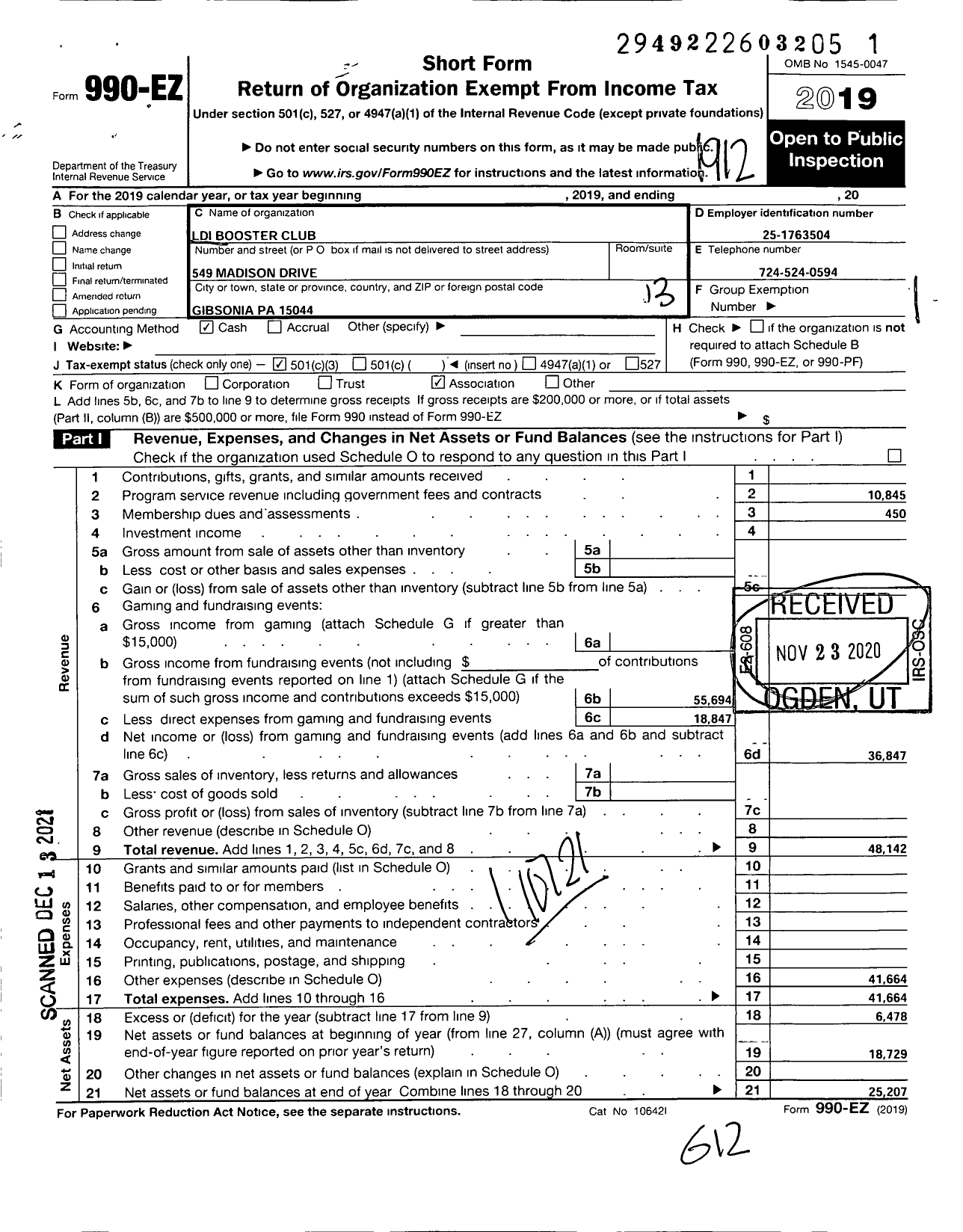 Image of first page of 2019 Form 990EZ for Ldi Booster Club