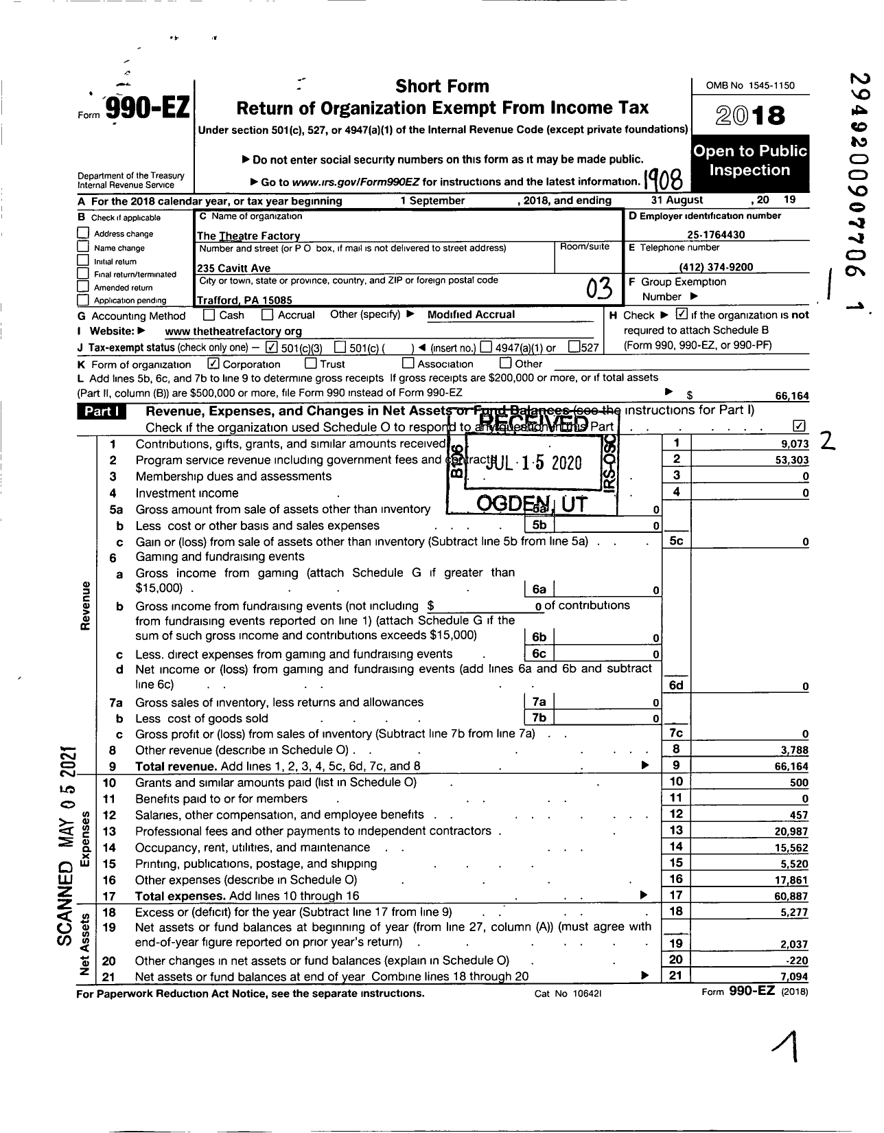 Image of first page of 2018 Form 990EZ for Theatre Factory