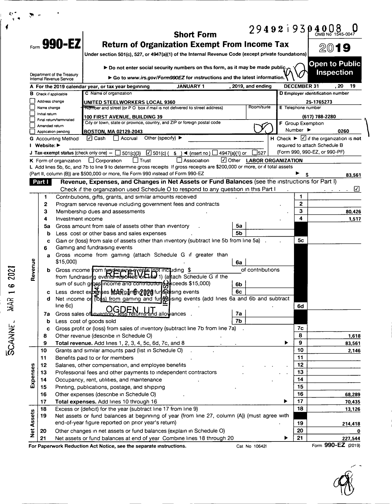 Image of first page of 2019 Form 990EO for United Steelworkers - 09360 Local