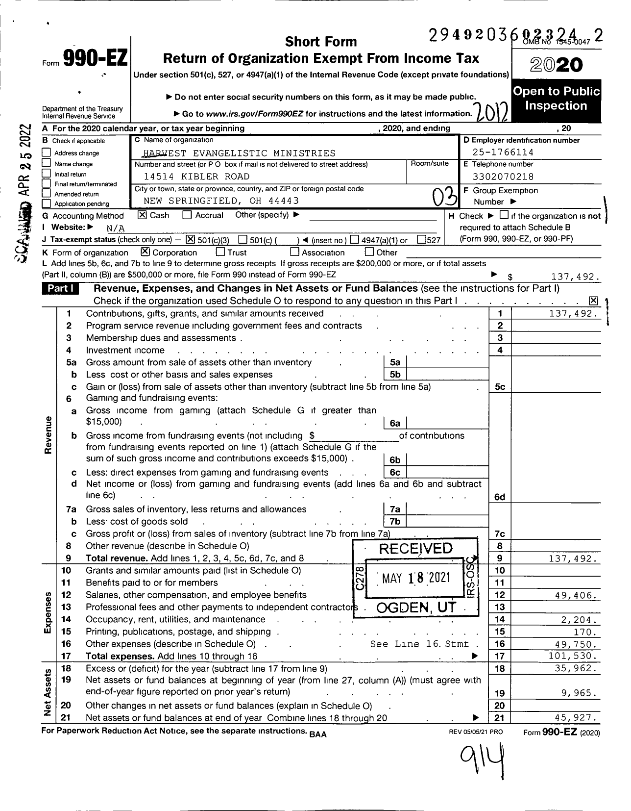 Image of first page of 2020 Form 990EZ for Harvest Evangelistic Ministries