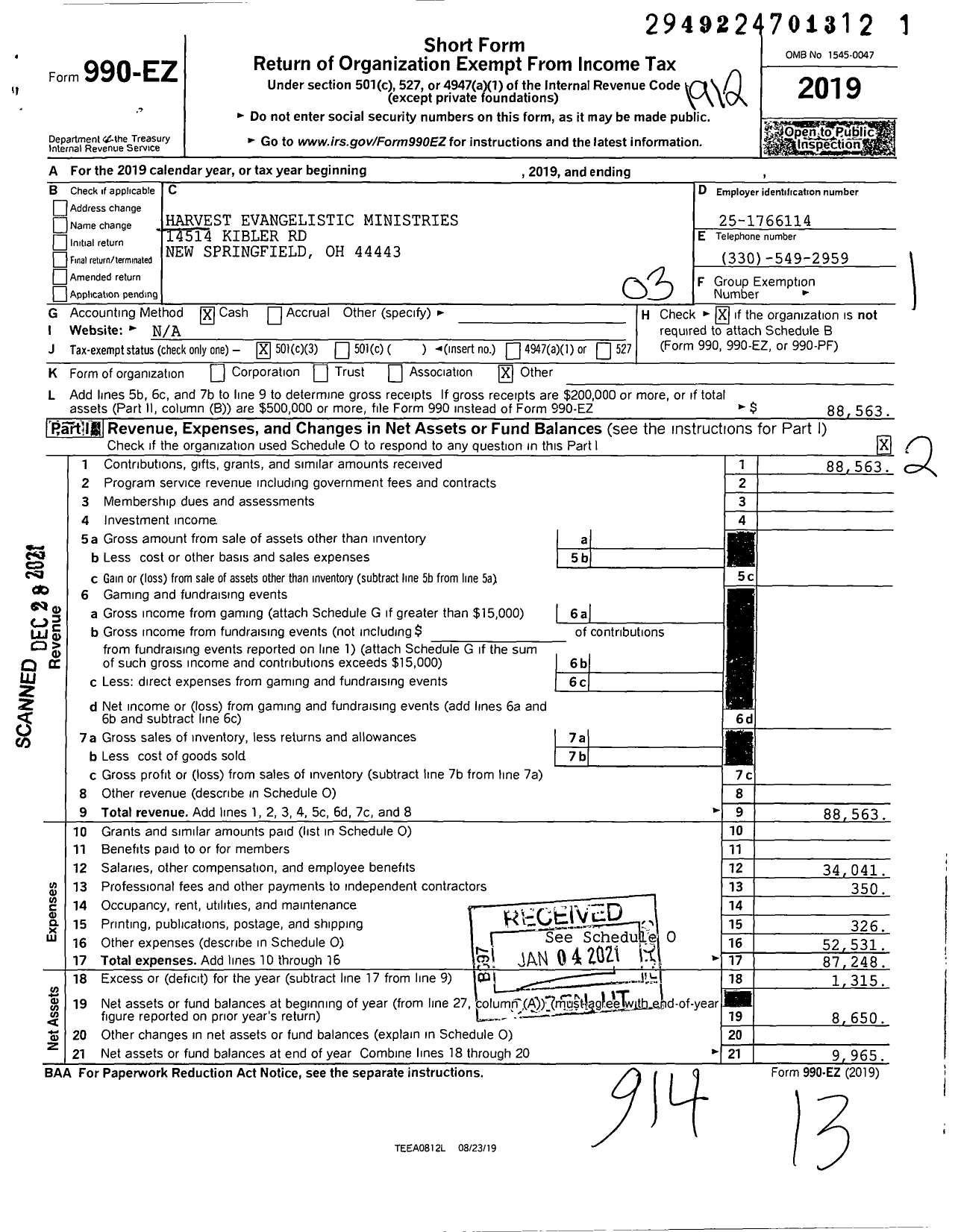 Image of first page of 2019 Form 990EZ for Harvest Evangelistic Ministries