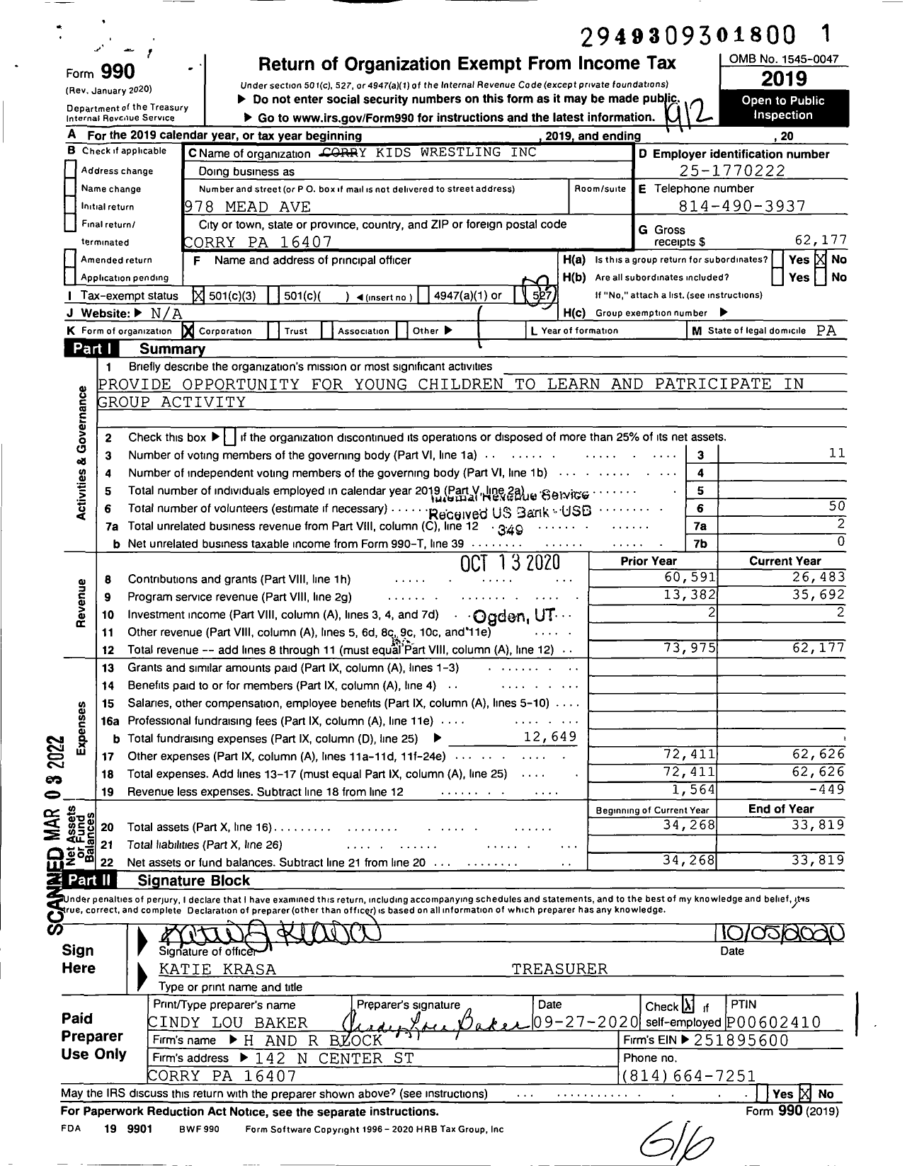 Image of first page of 2019 Form 990 for Corry Kids Wrestling