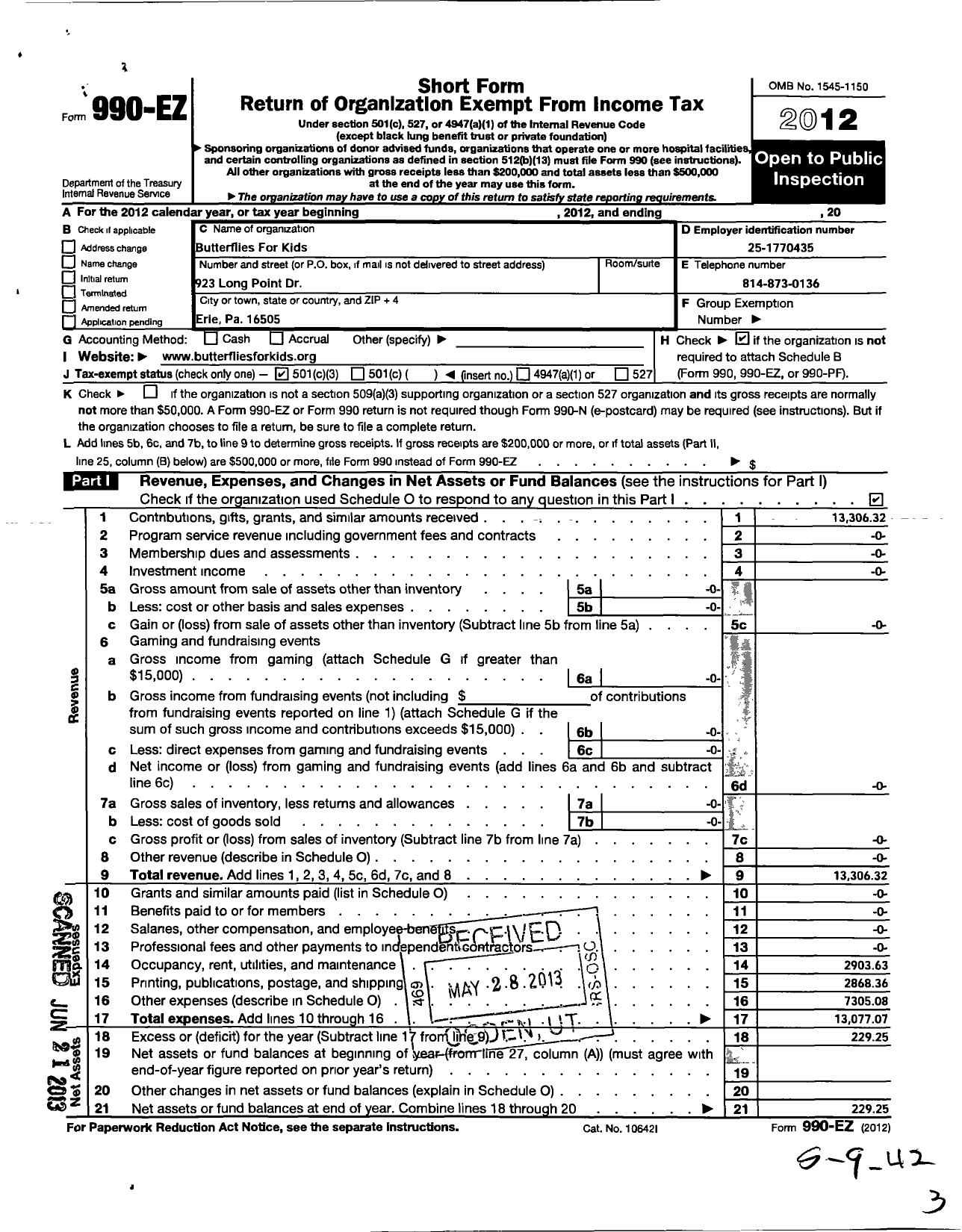 Image of first page of 2012 Form 990EZ for Butterflies for Kids