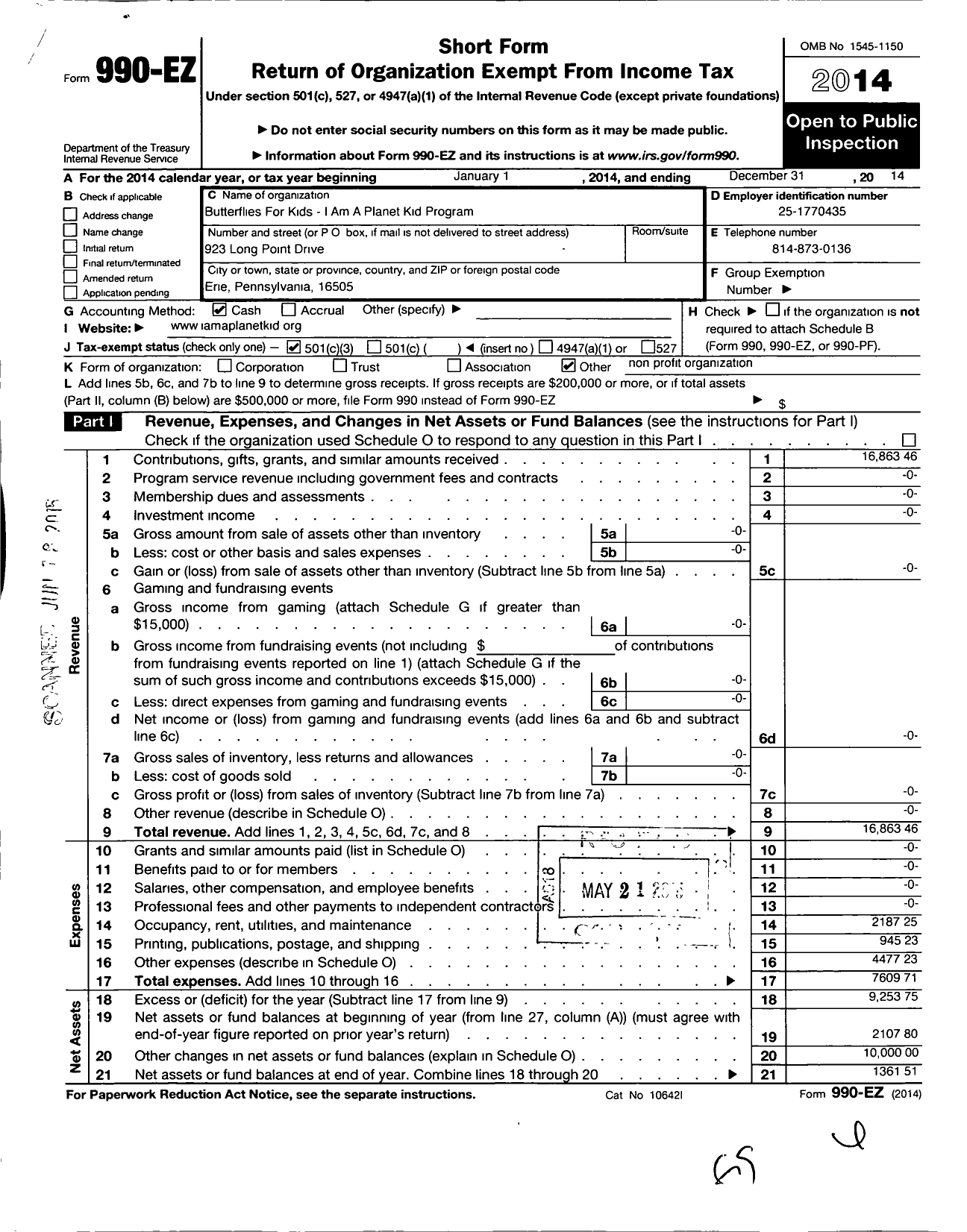 Image of first page of 2014 Form 990EZ for Butterflies for Kids