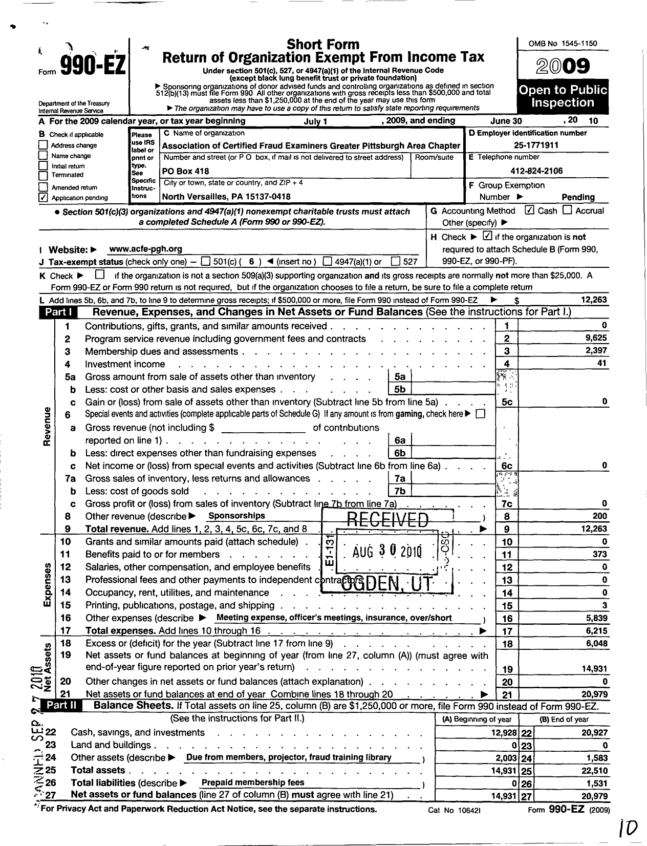 Image of first page of 2009 Form 990EO for Association of Certified Fraud Examiners Greater Pittsburgh Area