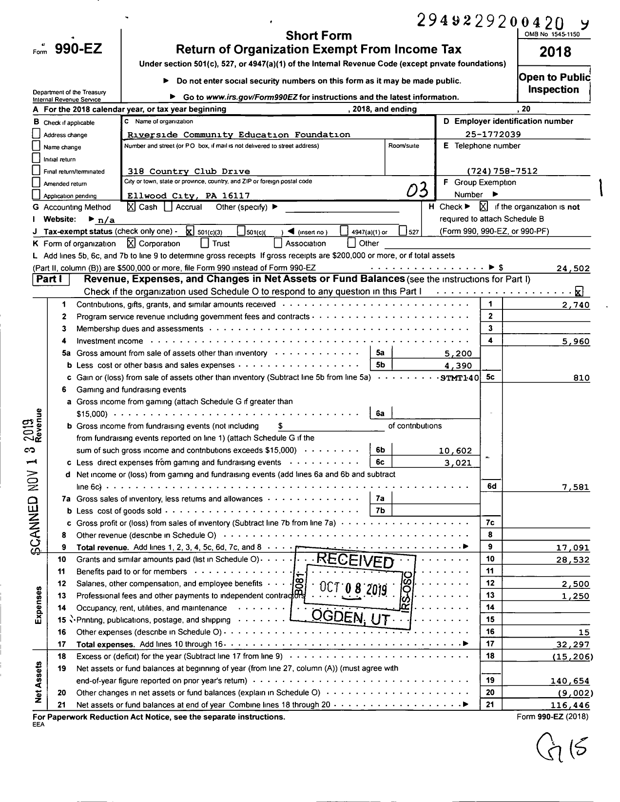 Image of first page of 2018 Form 990EZ for Riverside Community Education Foundation