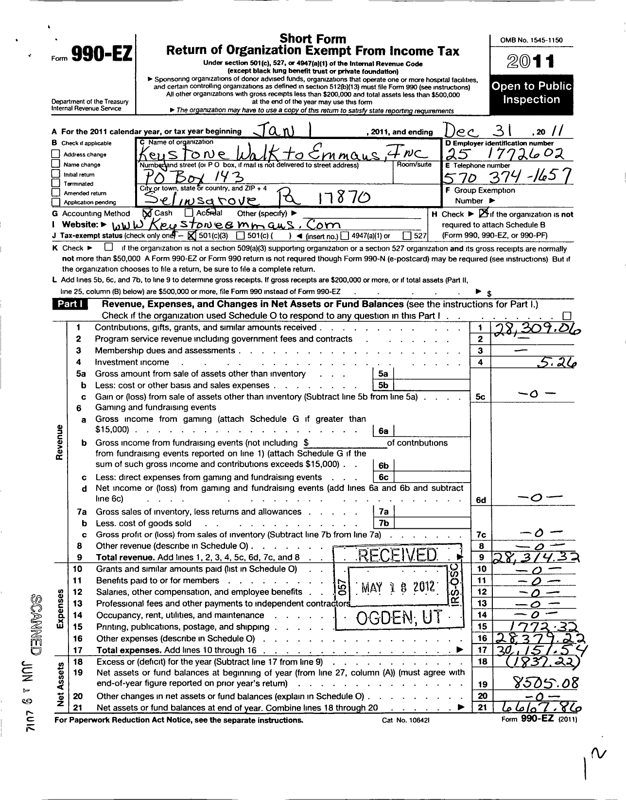 Image of first page of 2011 Form 990EZ for Keystone Walk To Emmaus