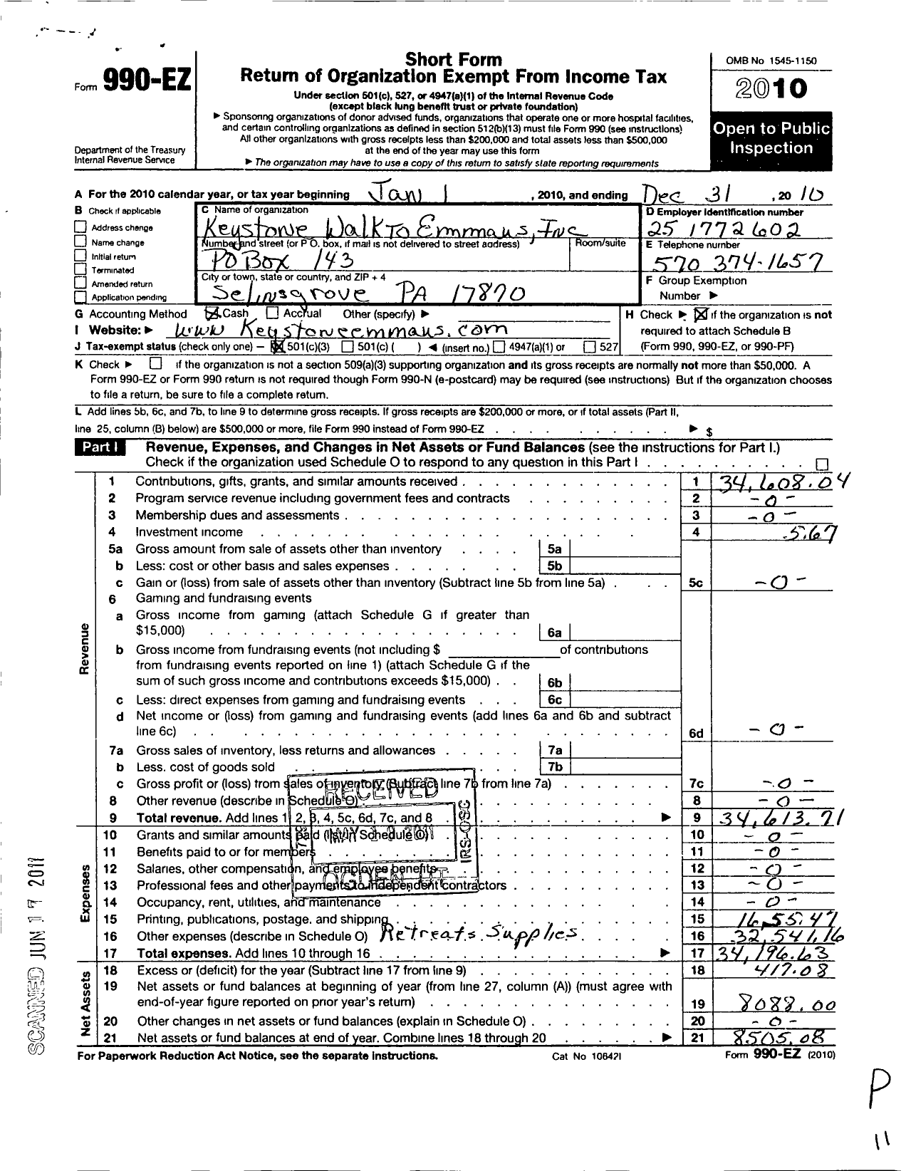 Image of first page of 2010 Form 990EZ for Keystone Walk To Emmaus