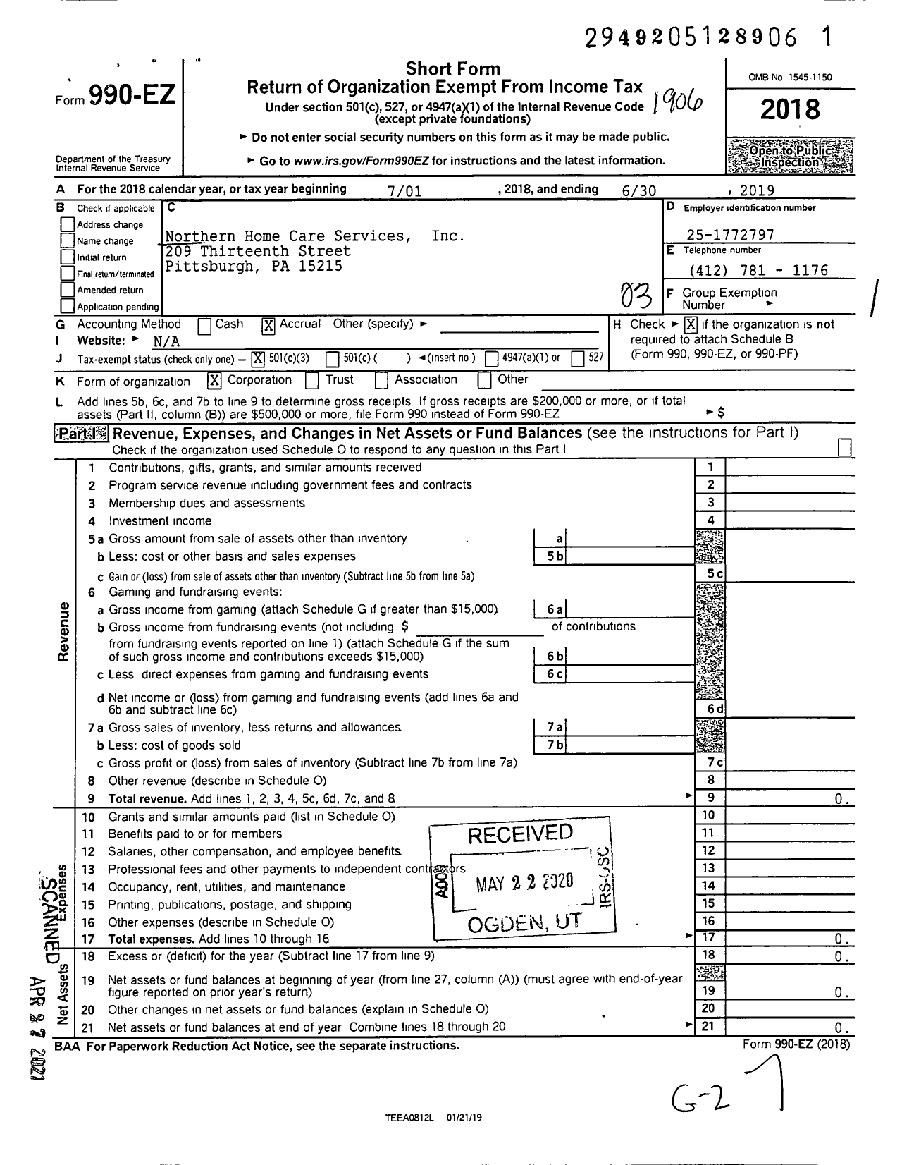 Image of first page of 2018 Form 990EZ for Northern Home Care Services