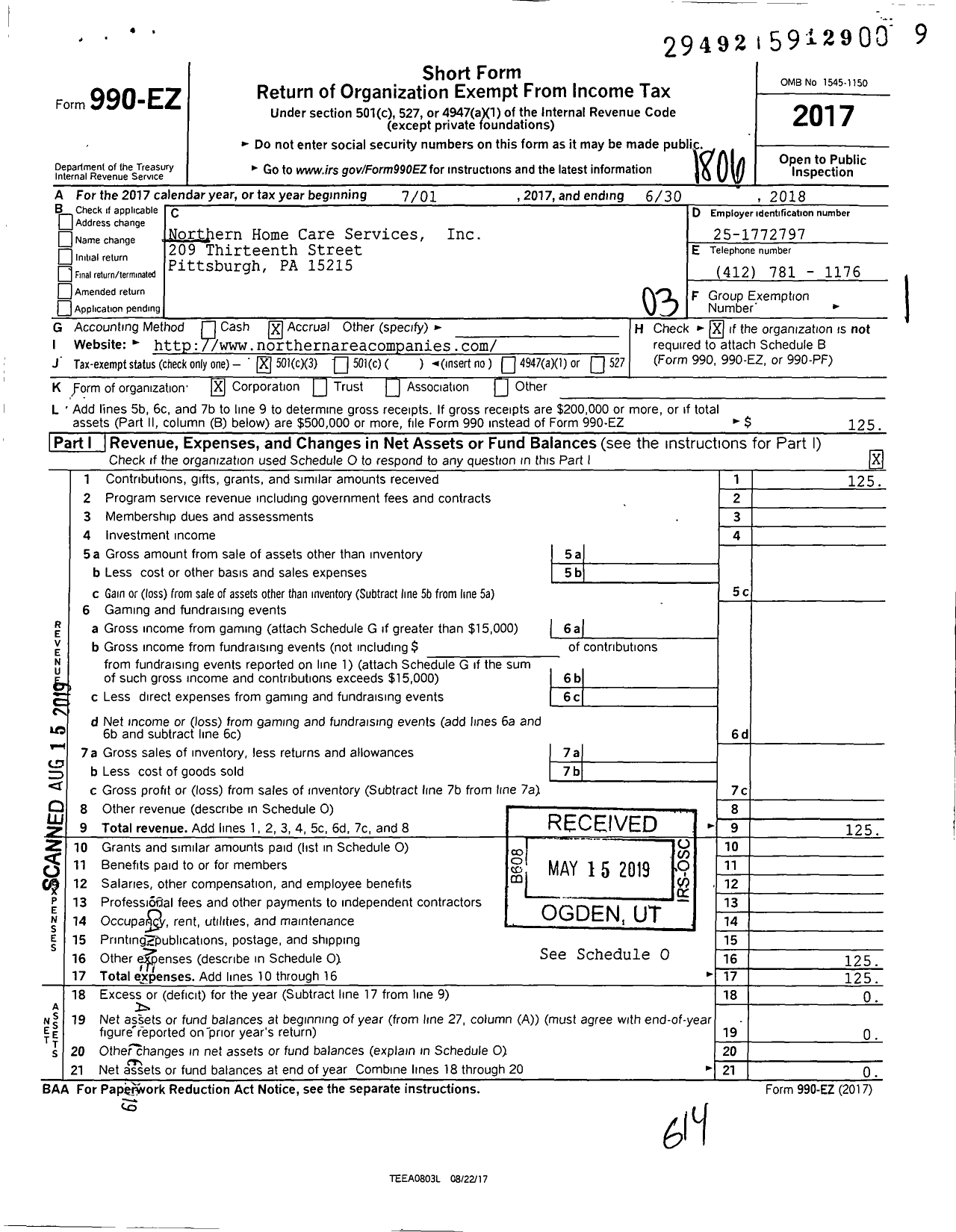 Image of first page of 2017 Form 990EZ for Northern Home Care Services