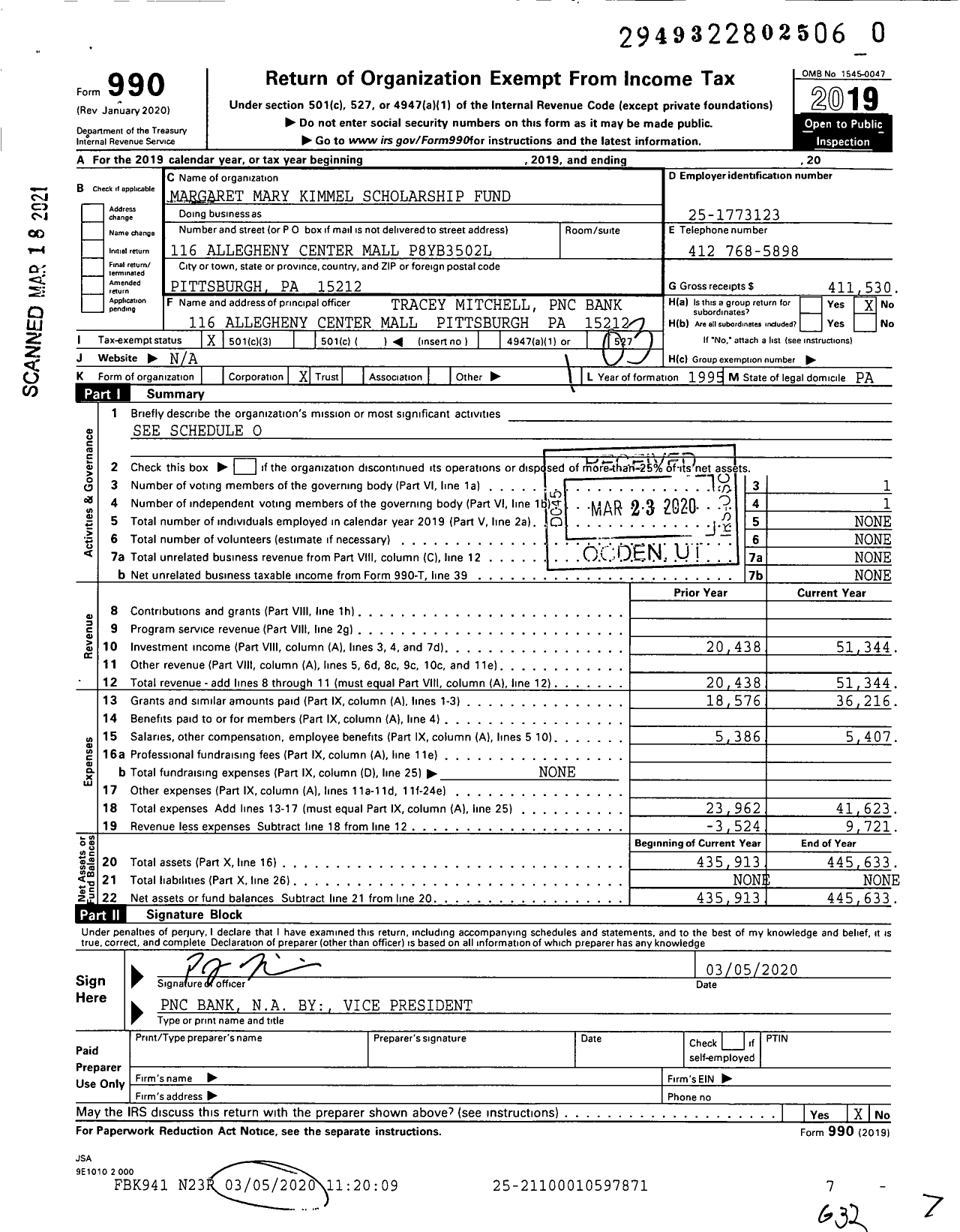 Image of first page of 2019 Form 990 for Margaret Kimmel Scholarship Fund