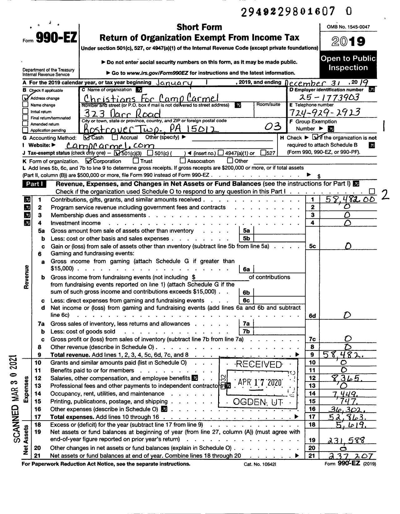 Image of first page of 2019 Form 990EZ for Christians for Camp Carmel