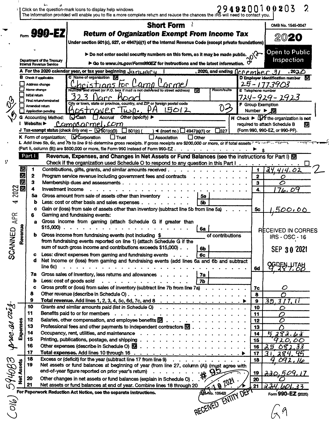 Image of first page of 2020 Form 990EZ for Christians for Camp Carmel