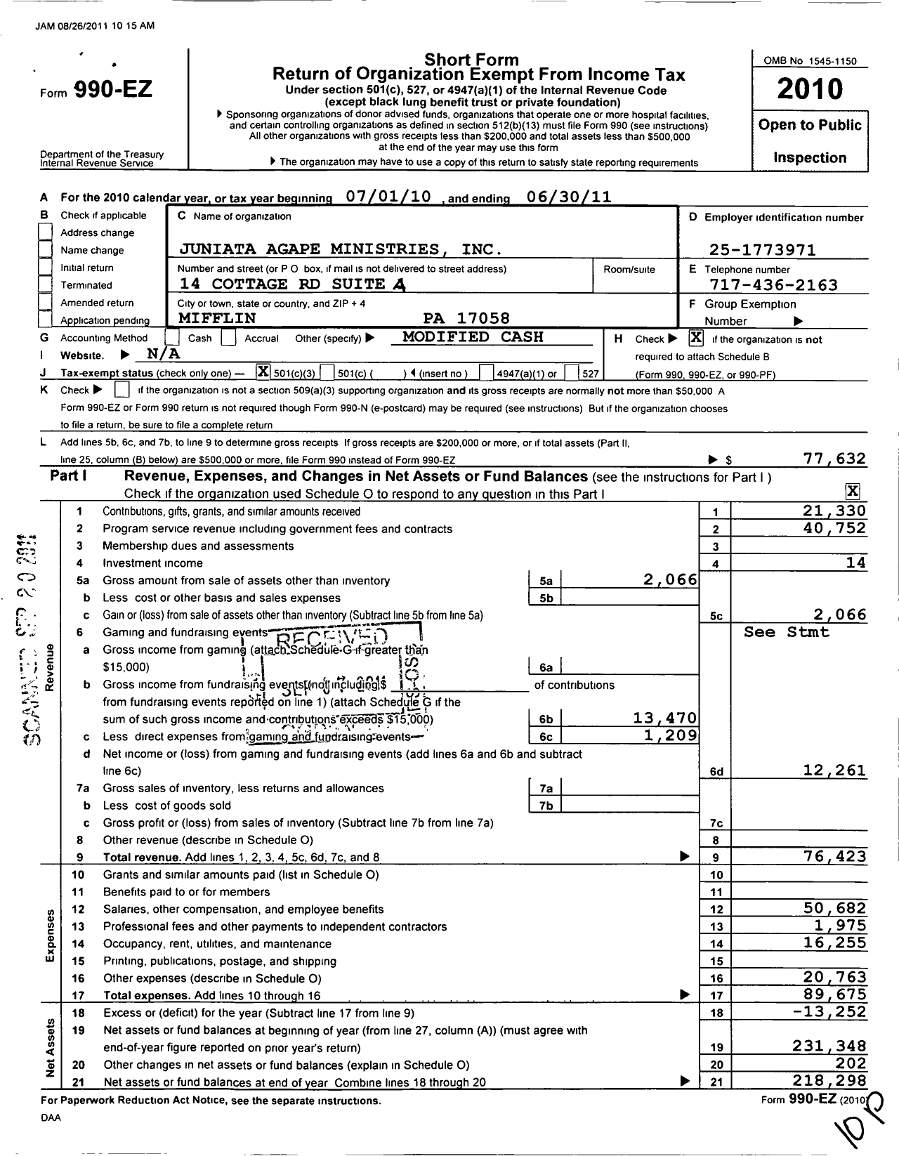 Image of first page of 2010 Form 990EZ for Juniata Agape Ministries