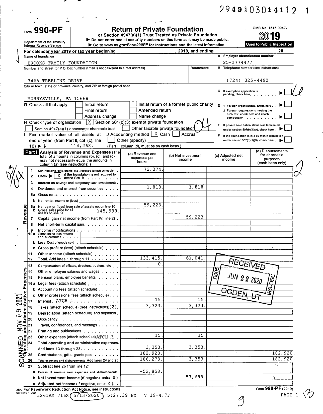 Image of first page of 2019 Form 990PF for Brooks Family Foundation