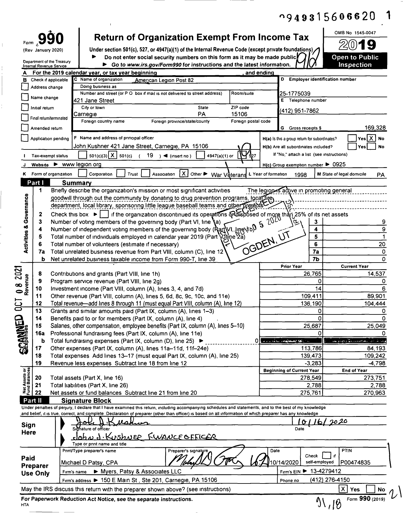 Image of first page of 2019 Form 990O for American Legion - 0082 D Paulson Foster Post
