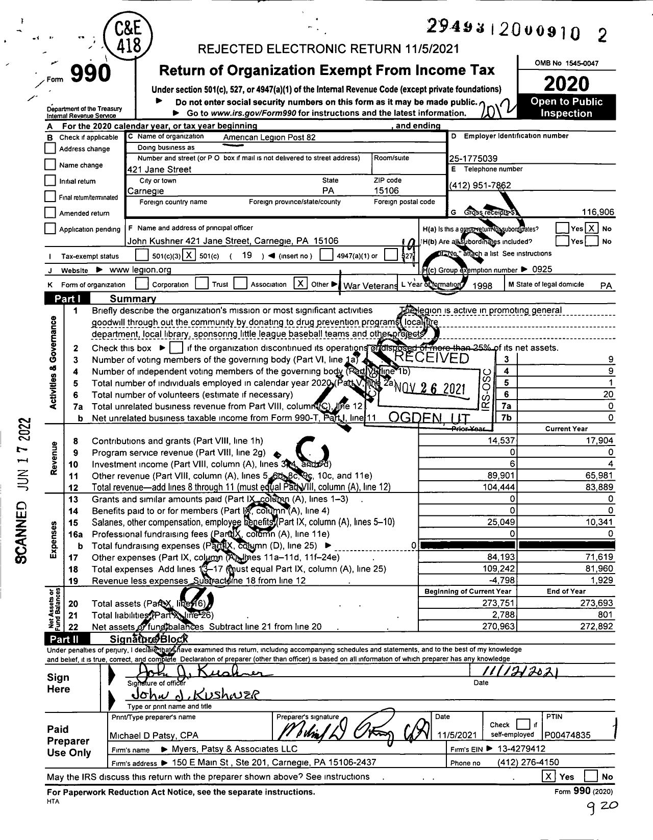 Image of first page of 2020 Form 990O for American Legion - 0082 D Paulson Foster Post